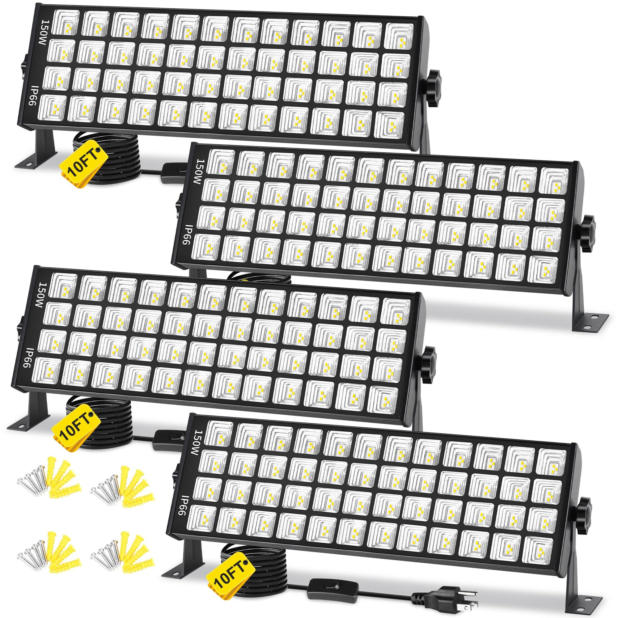 Yqnlifa 150W Led Shop Light  18000Lm 6000K Daylight White Super Bright  Ip66 Waterproof Garage Light With On/Off 10 Ft Cord Bay Lighting For Workshop Yard Garage Warehouses Yard 4 Pack