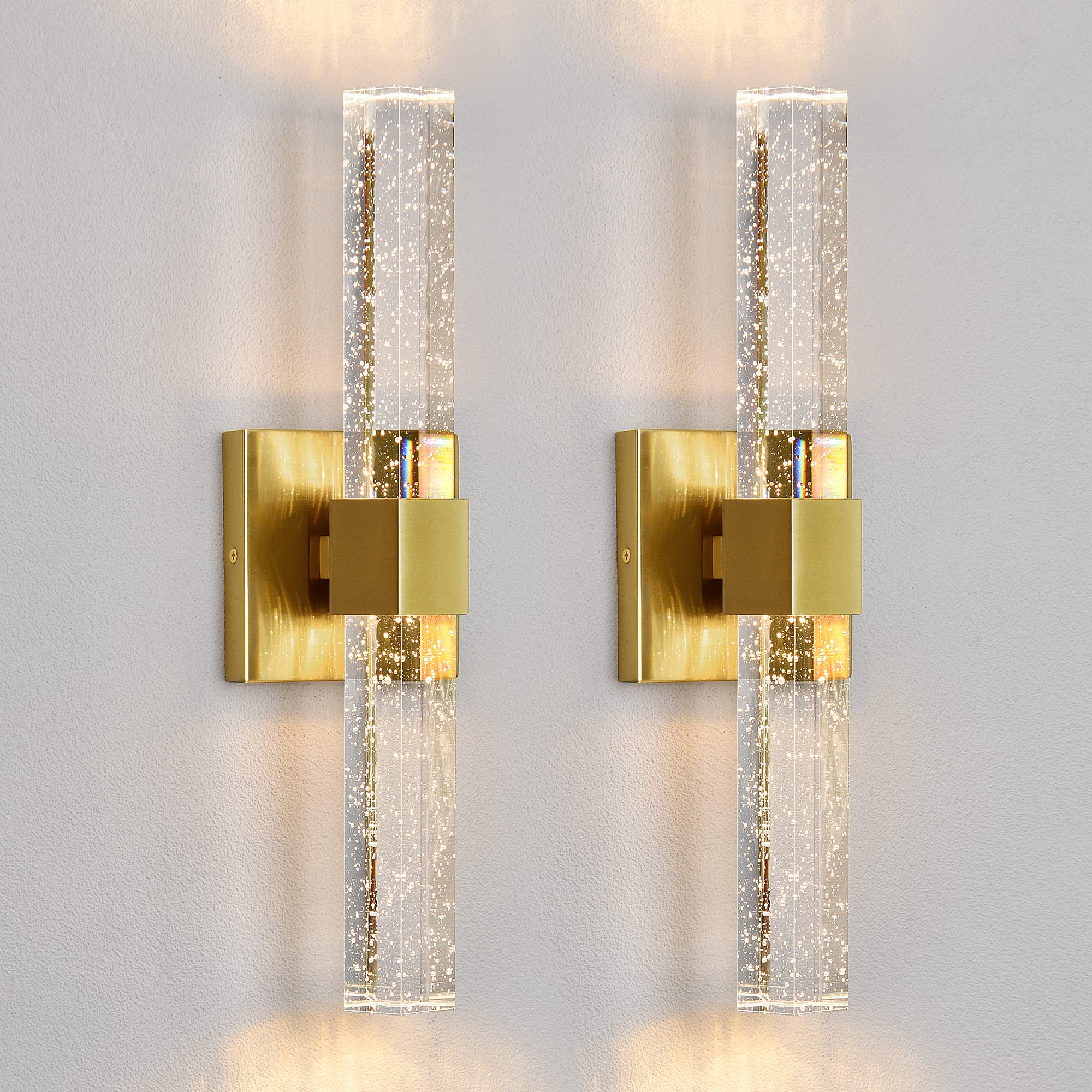 Epinl Wall Sconces Set Of Two - Gold Sconces Wall Lighting 14W Dimmable Led Crystal Bathroom Light Fixture With Bubble Glass 15.