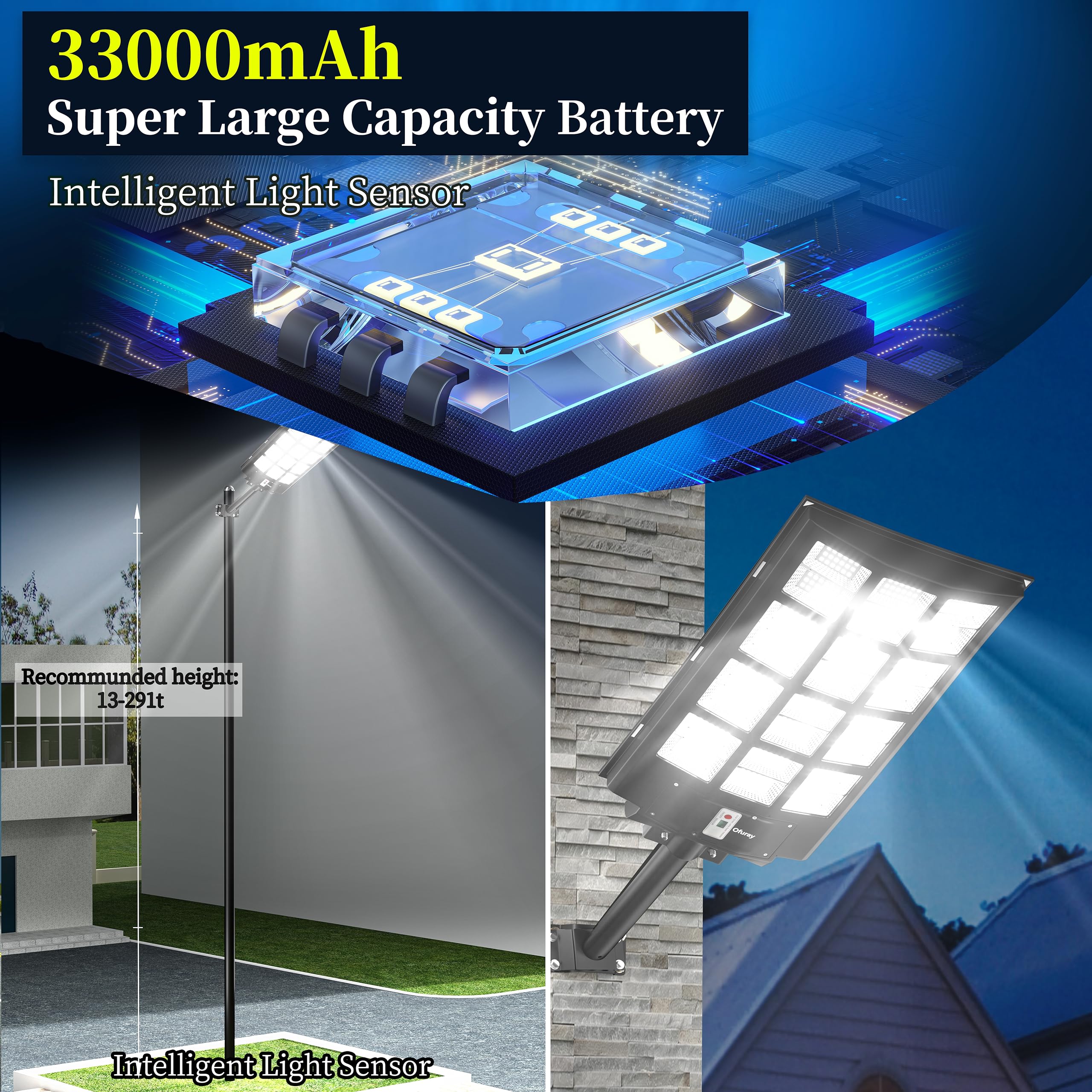 Ofuray Of-5600W Solar Street Lights - 560000Lm Waterproof LED, Remote Control, Black, 1Pack, Dusk to Dawn Security Flood Lights