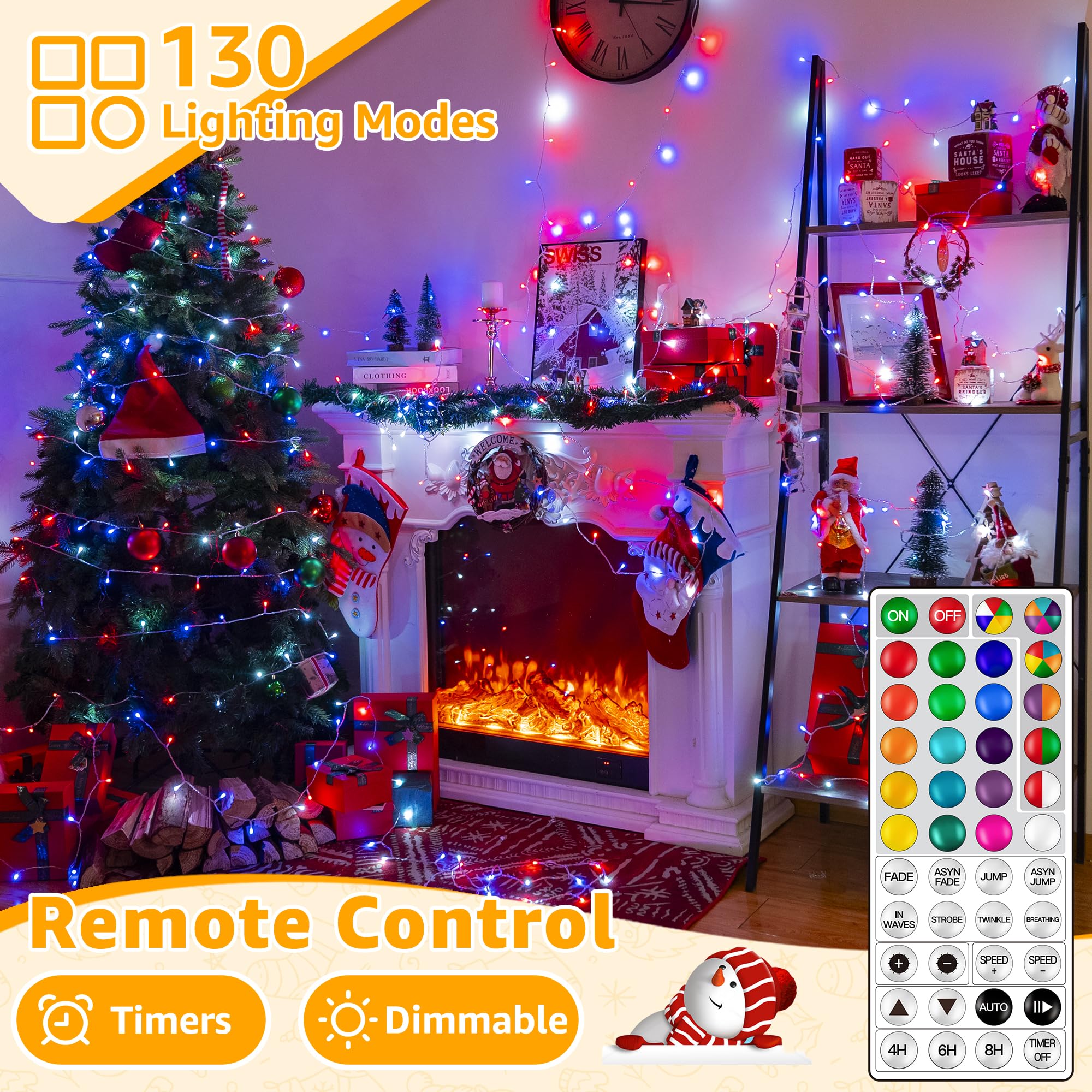 Ollny RGB Christmas Lights 200 LEDs, 66 FT, Clear Wire, 130 Modes, Remote & Timer, Waterproof, Model NYA0200D