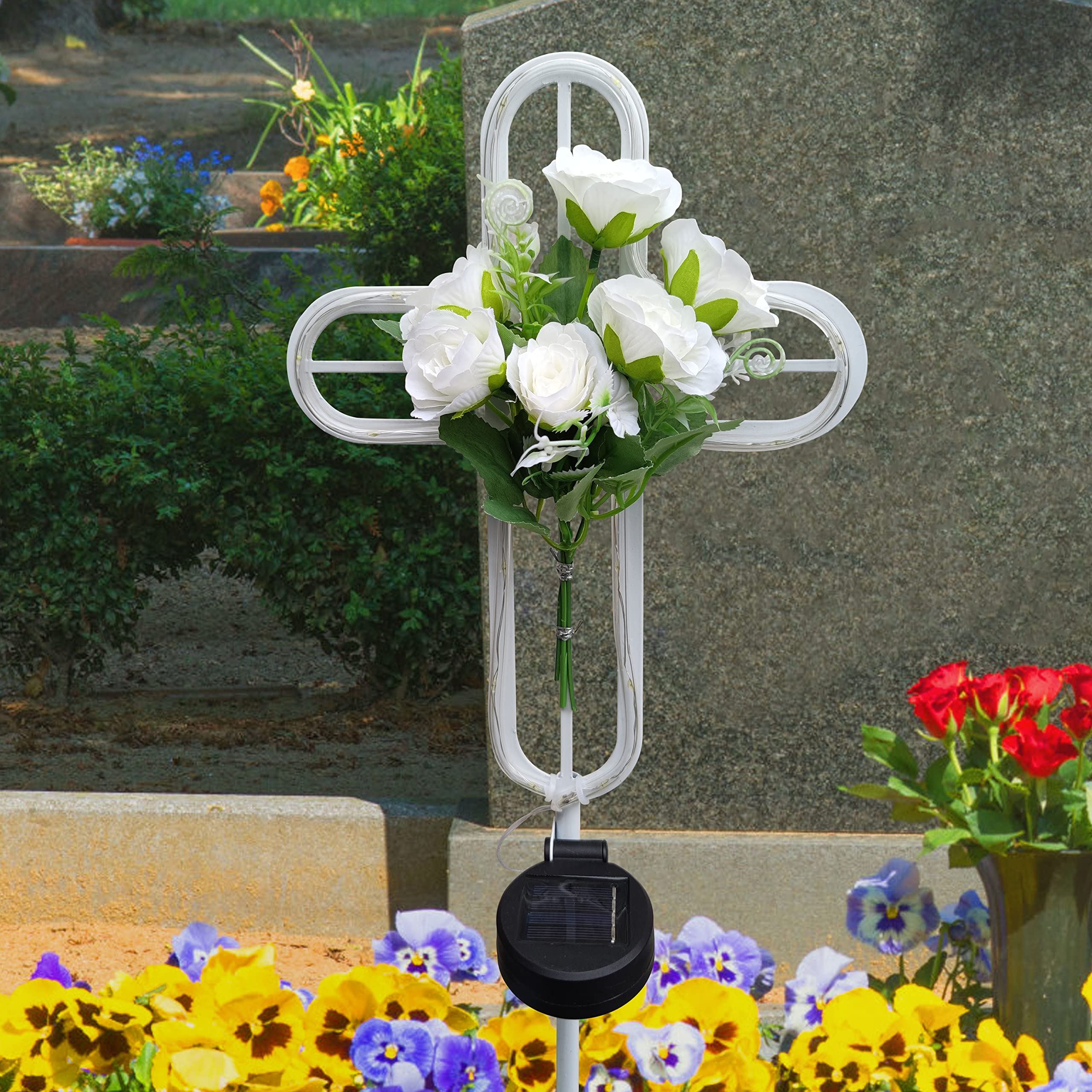 Coozzyhour Solar Cross Garden Stake Lights, Cemetery Decorations For Grave Outdoor Led Light, Artificial Flowers Cross For Remem