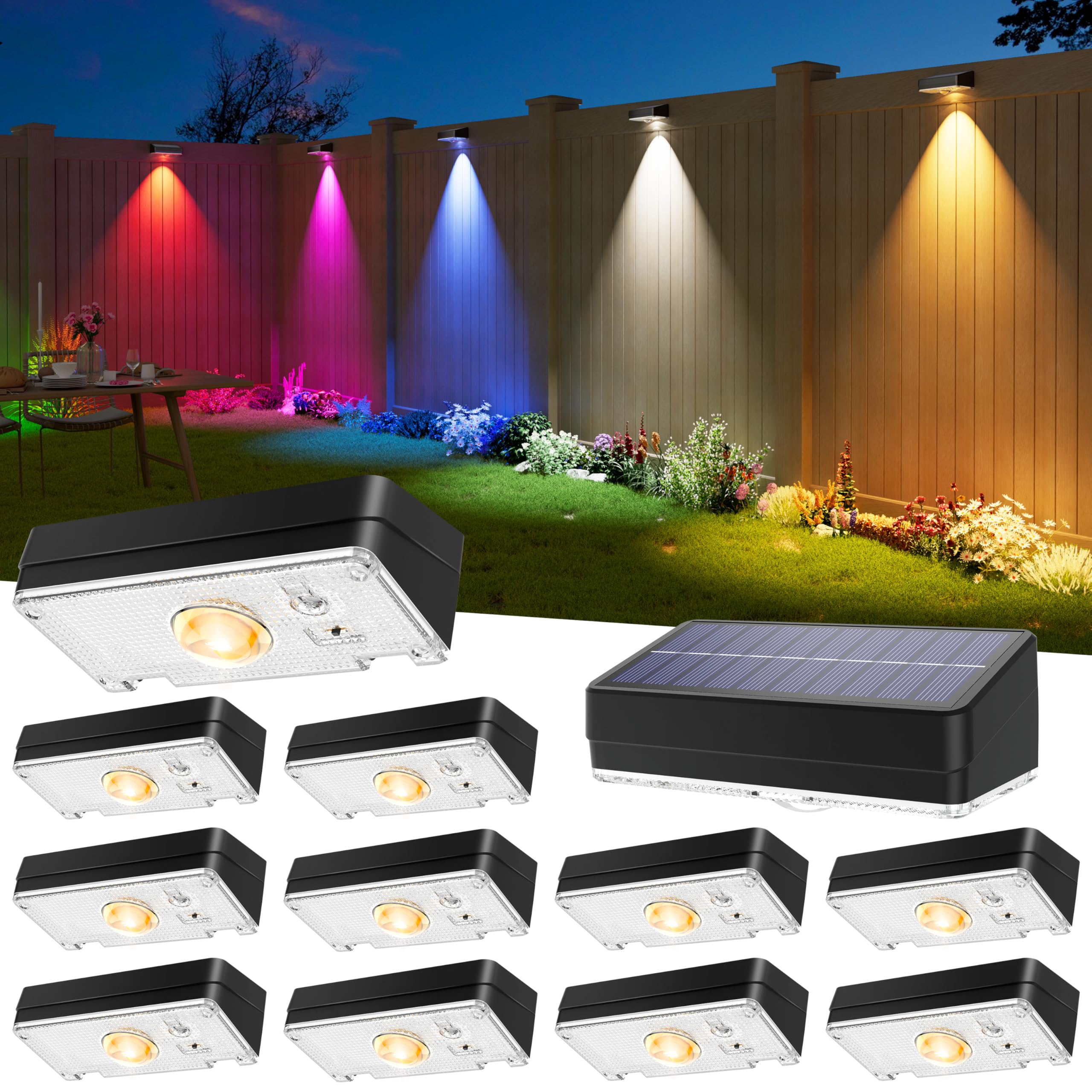 JOFIOS Solar Fence Lights Outdoor  12 Pack  50LM Ultra Bright  3 Color Temperatures & RGB  IP65 Waterproof  Dusk-to-Dawn Solar Powered Fence Lights for Patio  Railing  Pool  Porch  Backyard(Black)