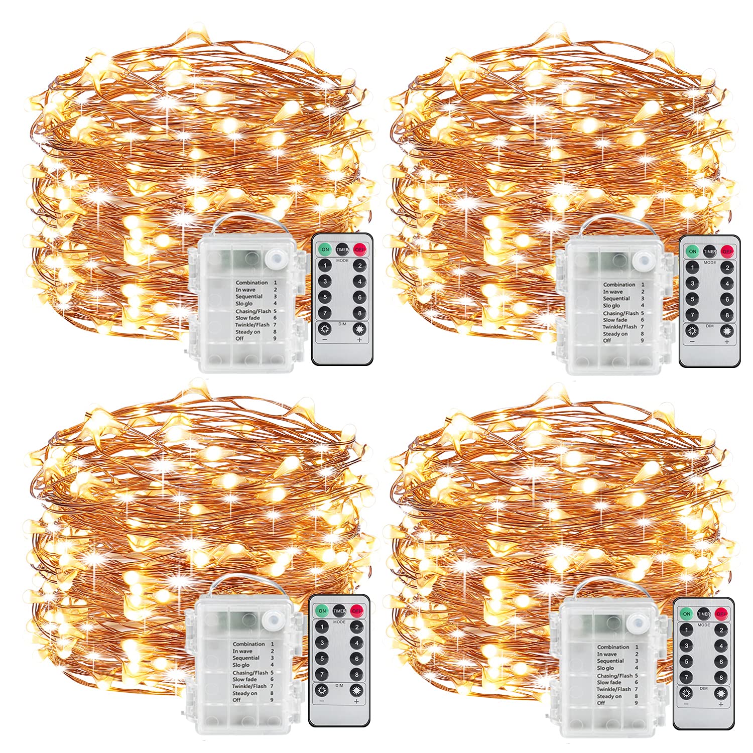 Mikasol Fairy String Lights, 4 Packs Led Fairy Lights Battery Operated Waterproof Copper Wire With Remote Control Fairy Lights For Bedroom. Firefly Lights Christmas Lights 8 Modes (16.4 Ft/Warm White)