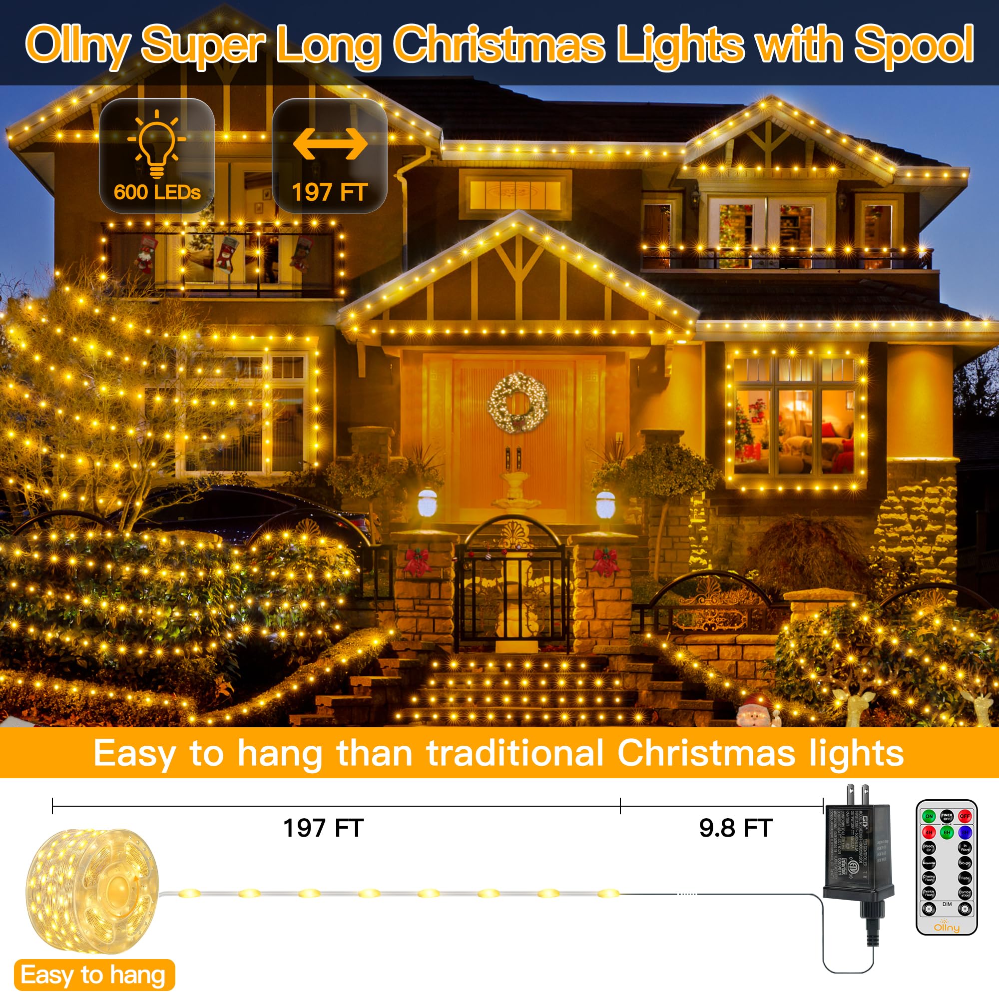 Ollny Christmas Lights Warm White, 600Led 197Ft Christmas Tree Lights Ip67 Waterproof, Plug In Fairy Lights With Remote 8 Modes