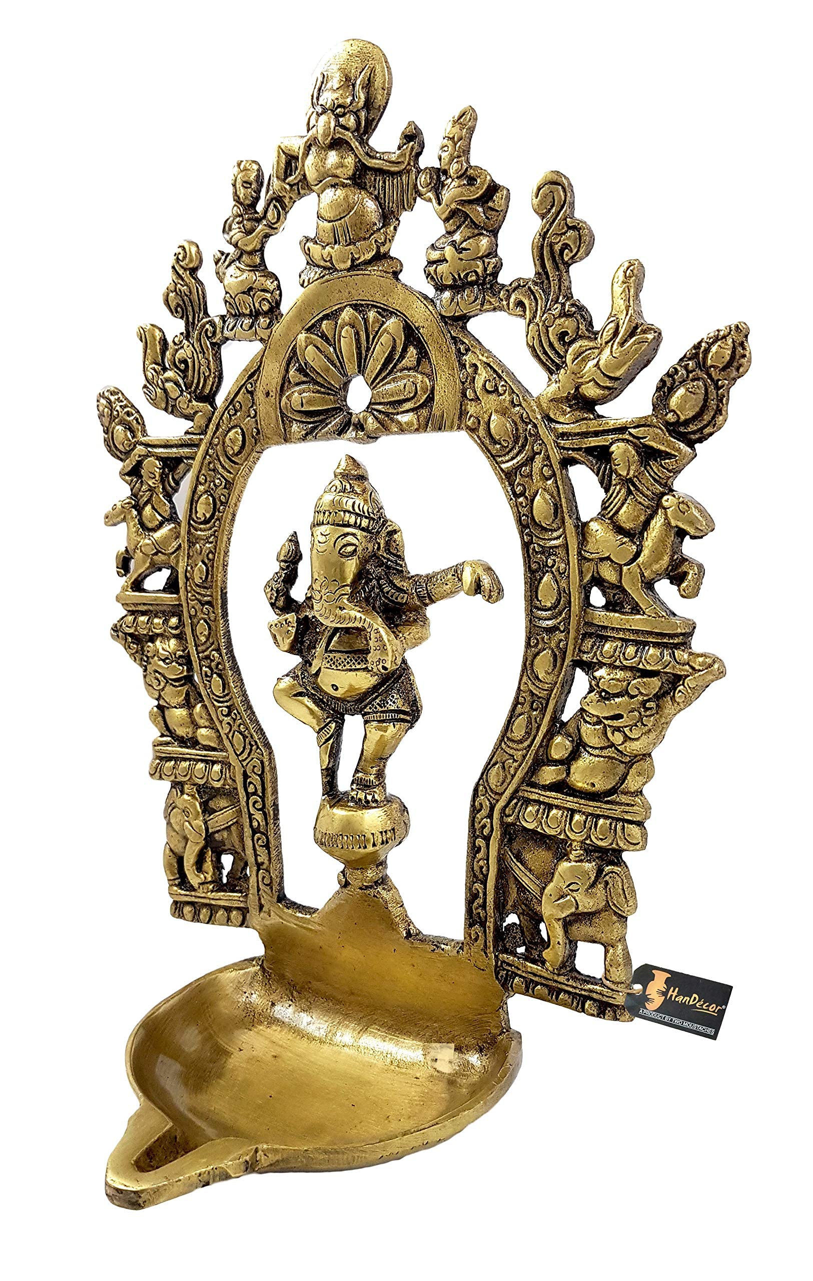 Two Moustaches Brass Ethnic Indian Carving Dancing Ganesha Design Diya with Prabhavali Frame, 9 Inches, 1 Kg, Antique Yellow, St
