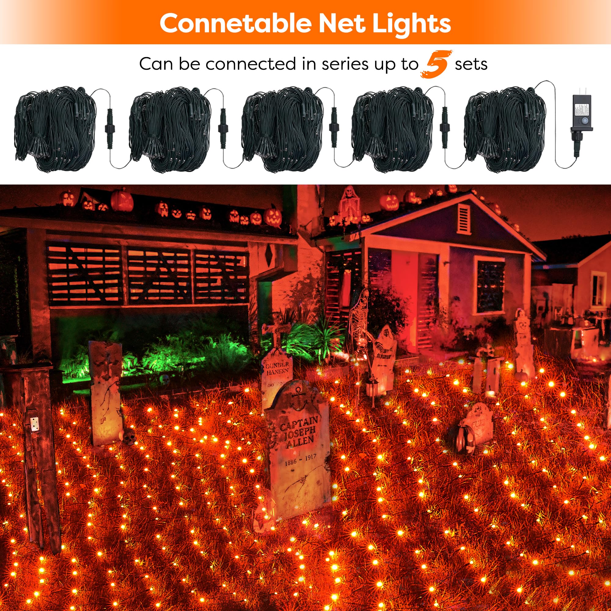 Wbao Halloween Net Lights, 200Led 8.4Ft X 5.2Ft Orange Halloween Lights With 8 Modes, Timer, Connectable, Waterproof & Sturdy Dark Green Wire For Lawn, Bushes, Trees, Outdoor Halloween Decorations