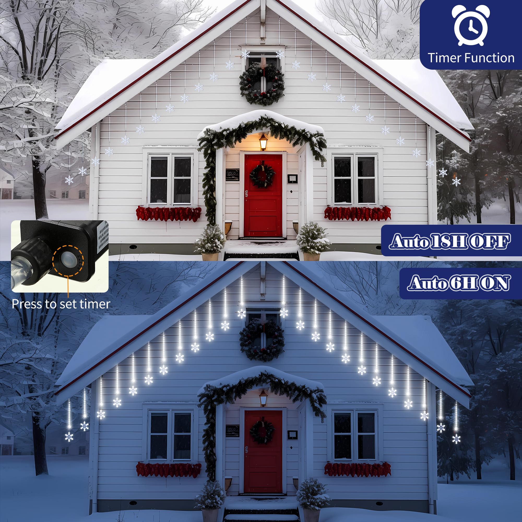 Enhon 2 Pack Meteor Shower Snowflake Lights Outdoor With Timer, Total 480 Led 12In 16 Tube Connectable Waterproof Meteor Rain Drop Christmas Light With Snowflake For Xmas Tree Roof Garden(Cool White)