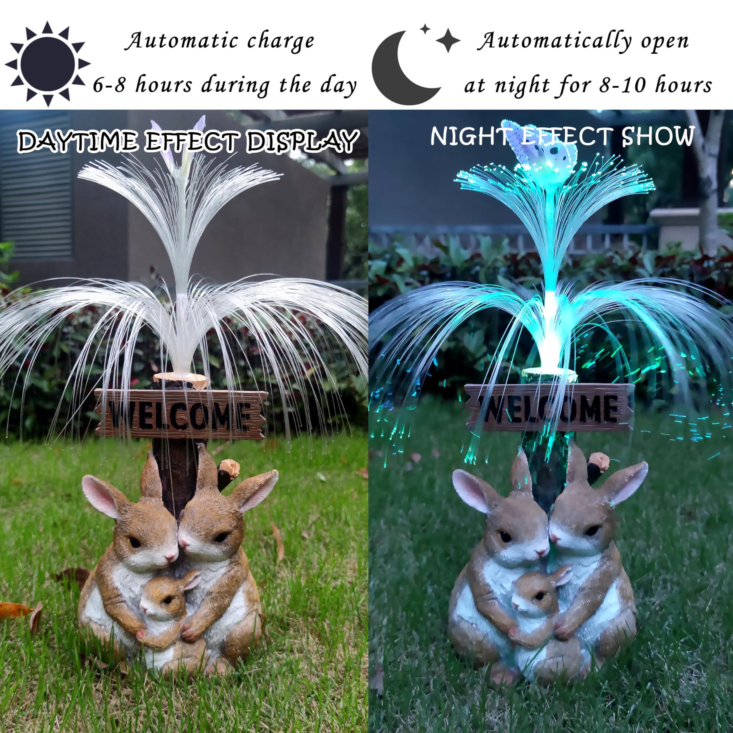 Rctticuu Solar Rabbit Garden Statues,Resin Rabbit Family Figurine With Welcome Card And 7-Color Changing Optical Fiber With Sola