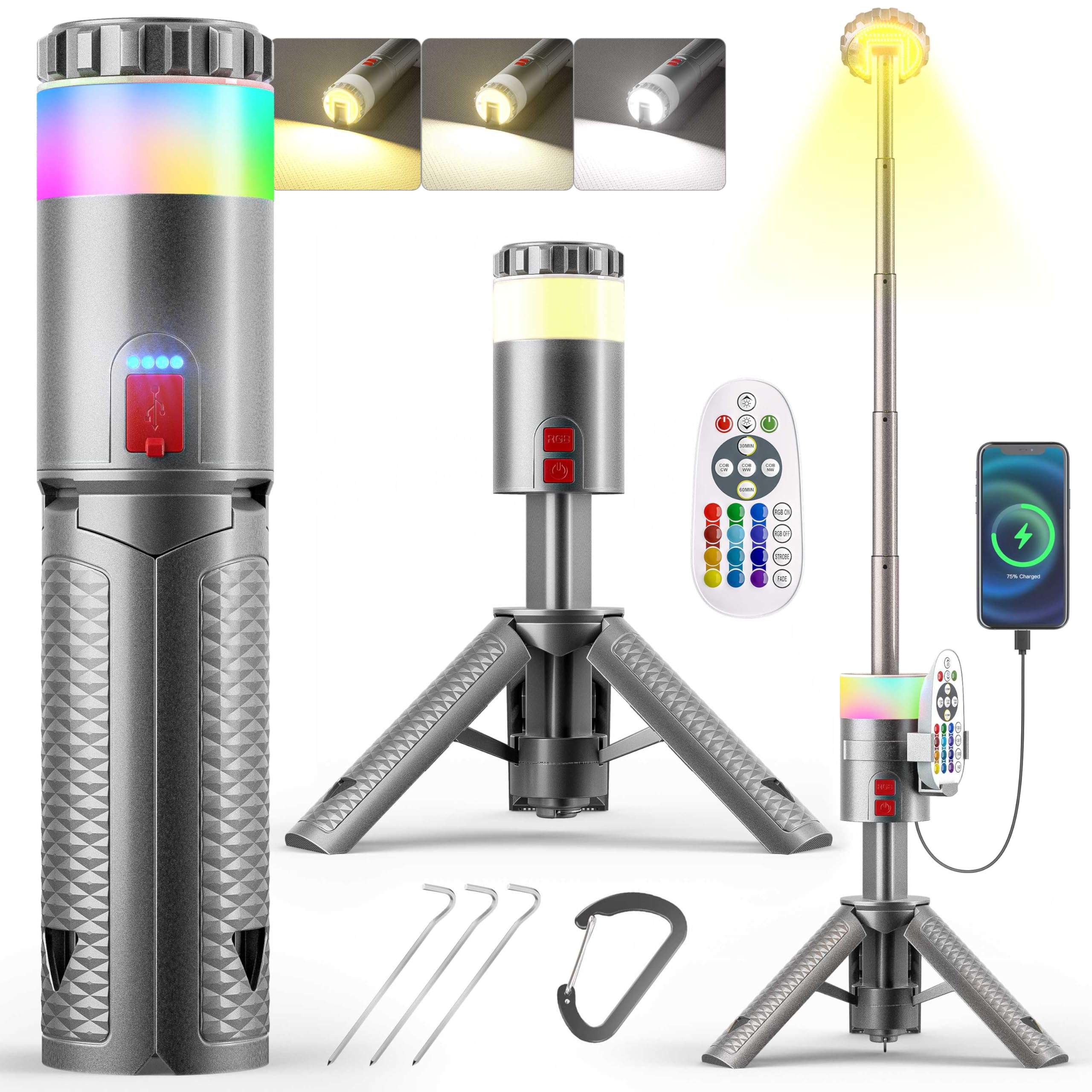 Favourlite Camping Lantern, Telescopic Camping Lantern Rechargeable with 15 Color Temperatures 10000mAh Camping Essentials with