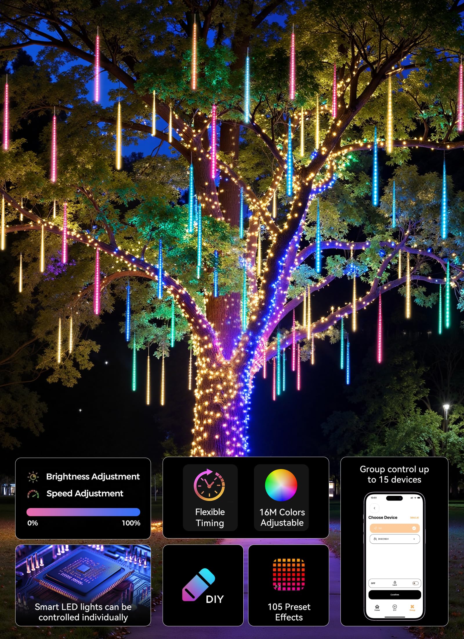 Smartdawn Smart Meteor Shower Lights Outdoor  16Tube 256Led 24.6Ft Color Changing Dripping Icicle Christmas Lights For Outdoor Outside  App Controlled Rgb Customize Display Diy Dynamic Lighting Effec