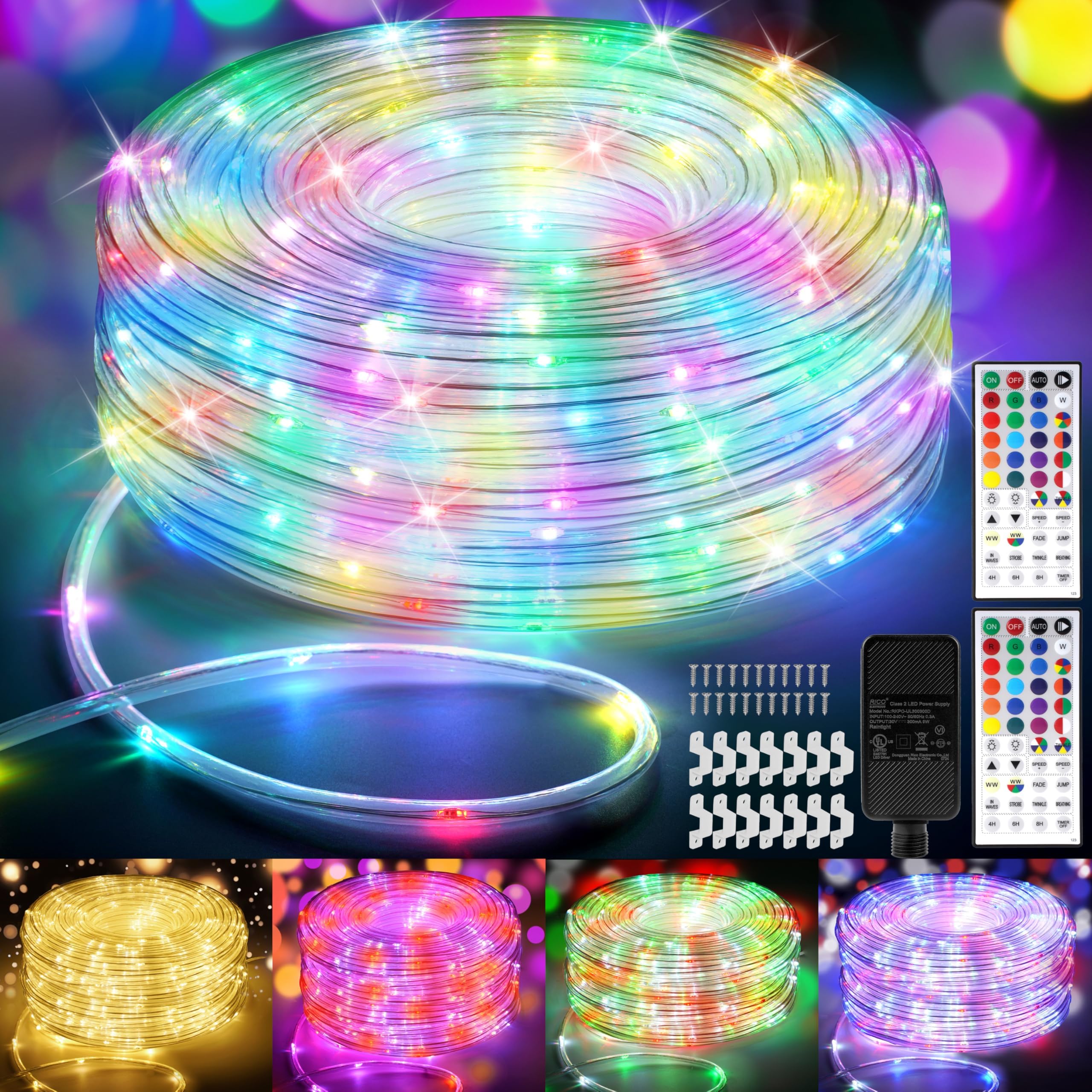 300 Led Rope Lights Outdoor String Lights Plug In  100Ft Warm White & Color Changing Christmas Lights Outdoor  Fairy Lights With Remote  Rope Lighting Waterproof For Garden Balcony(Not Connectable)