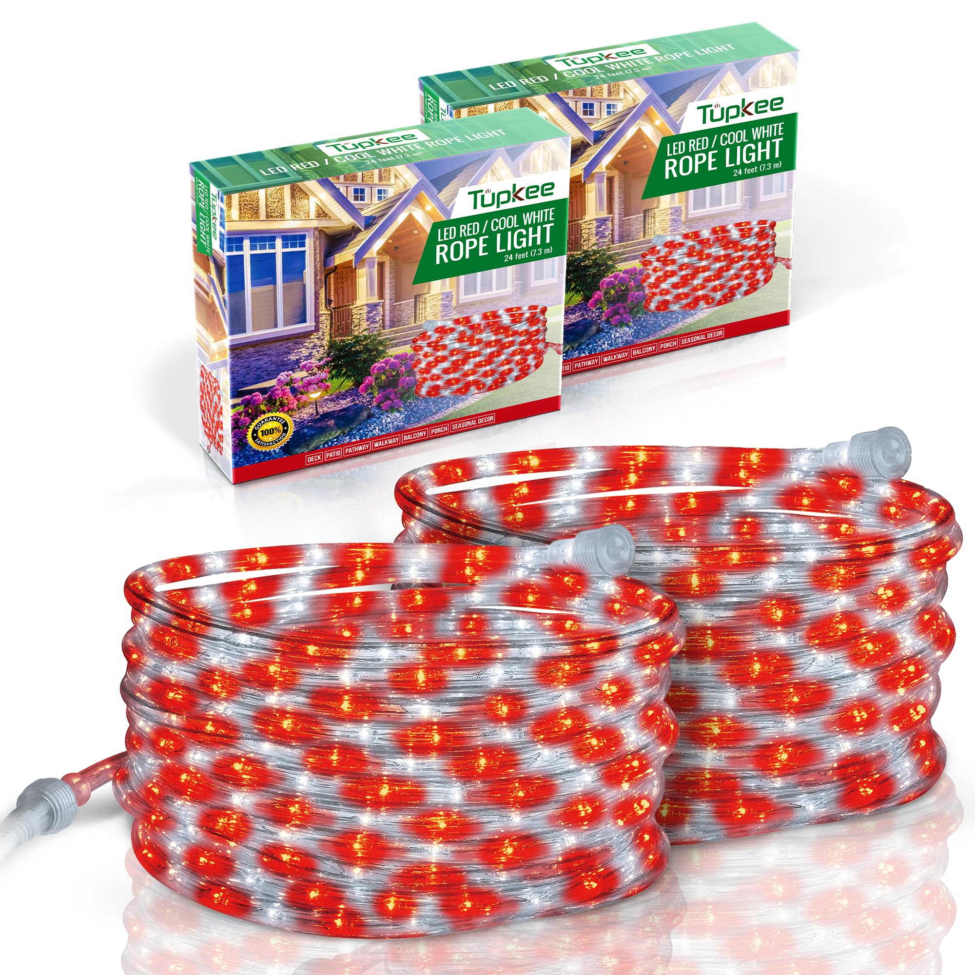 Tupkee LED Rope Light - Red & Cool White, 24 Feet, 10MM Diameter, 144 Long Life Bulbs, Pack of 2
