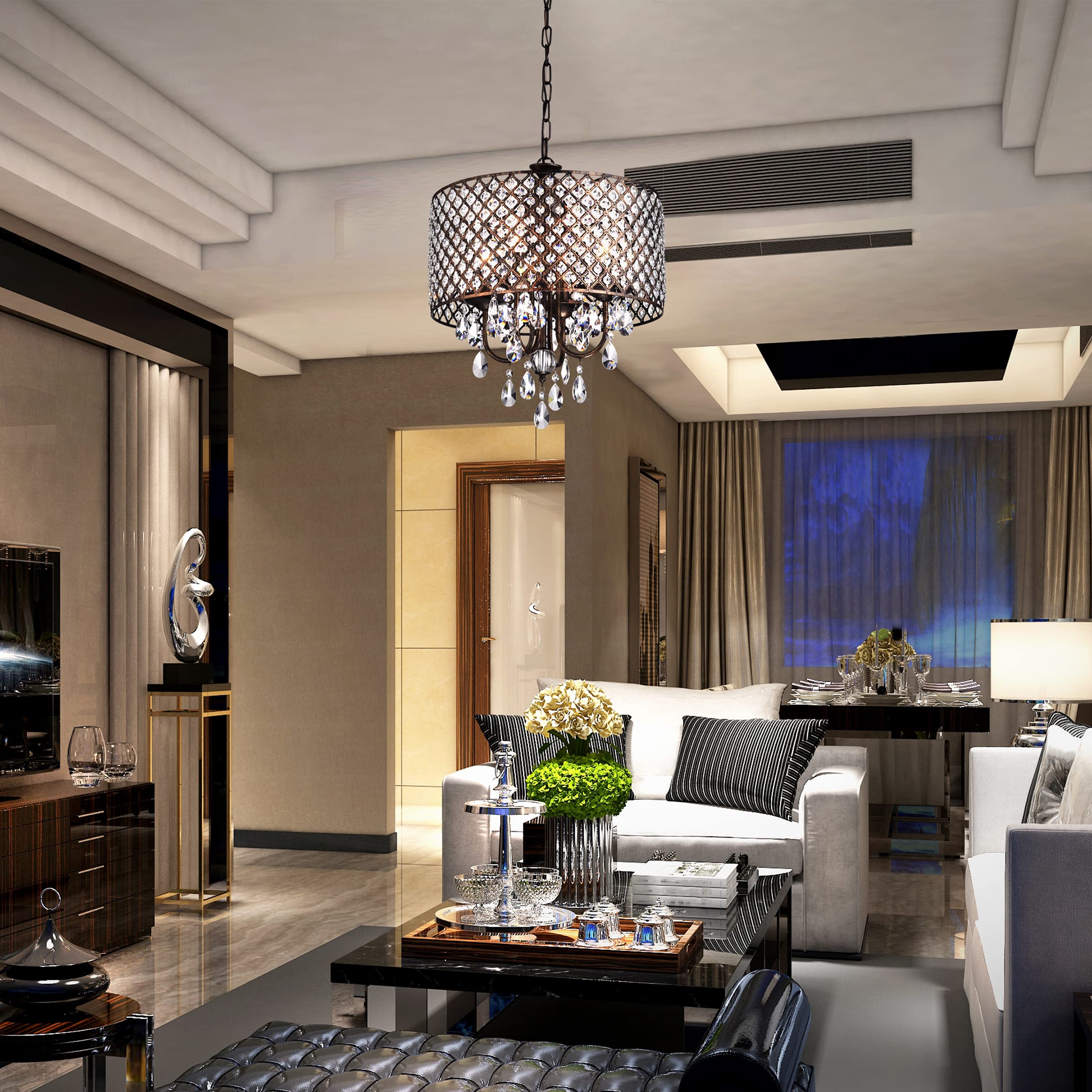 Edvivi Marya Drum Crystal Chandelier, 4 Lights, Antique Copper Finish, Adjustable Ceiling Light, Model EPG8019AC