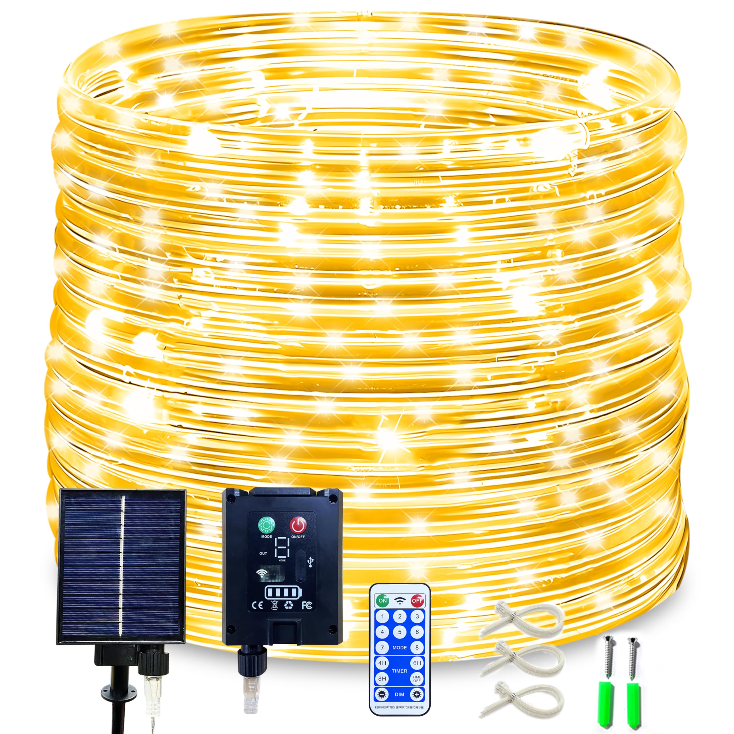 KUshopfast Solar Rope Lights - 50FT 500LED Waterproof String Lights, Warm White, 8 Lighting Modes for Garden, Tree, Holiday Decor