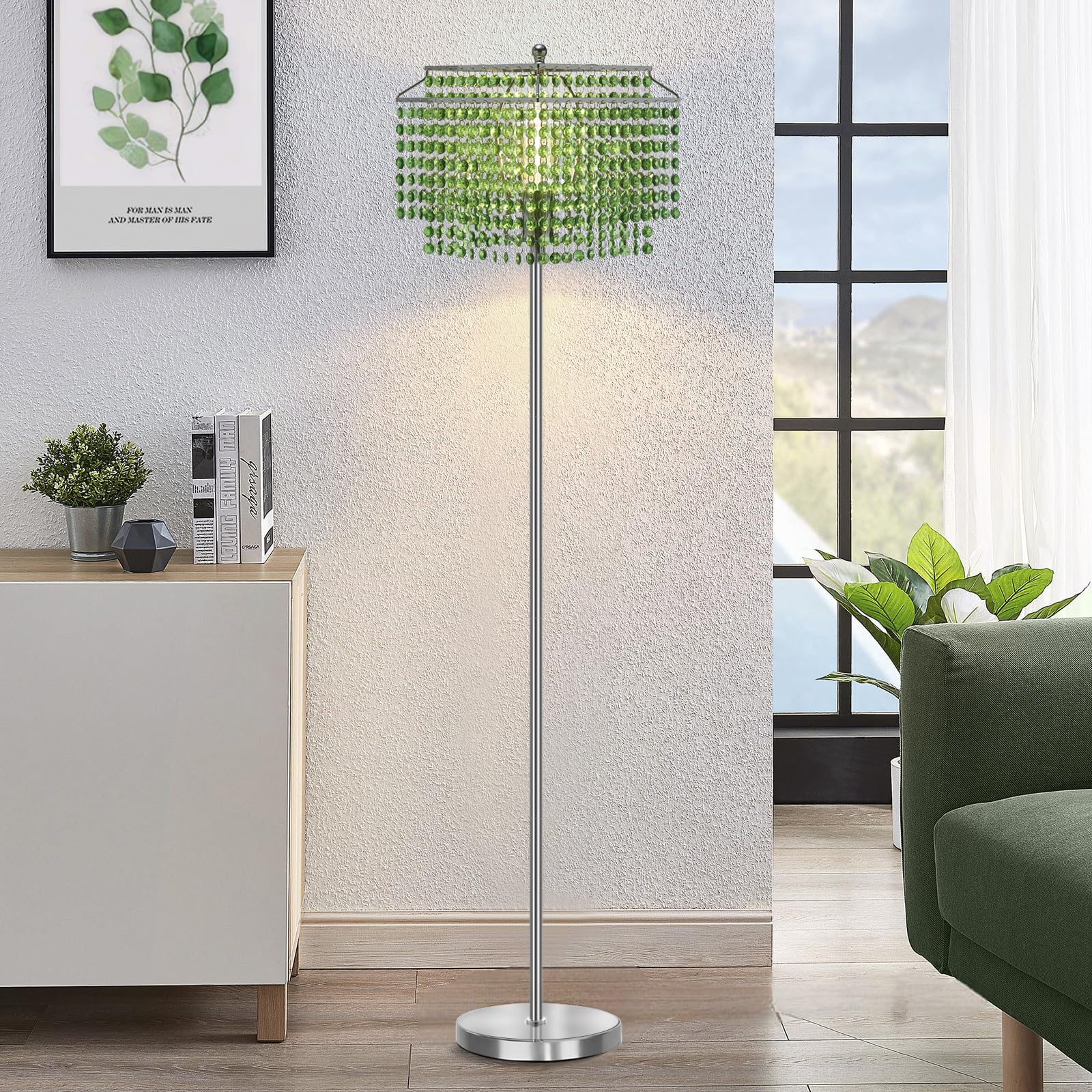Crystal Floor Lamp, 64'' Tall Elegant Standing Lamp with On-Off Foot Switch, Silver Lamp with Green Double-Layer Crystal Lampsha