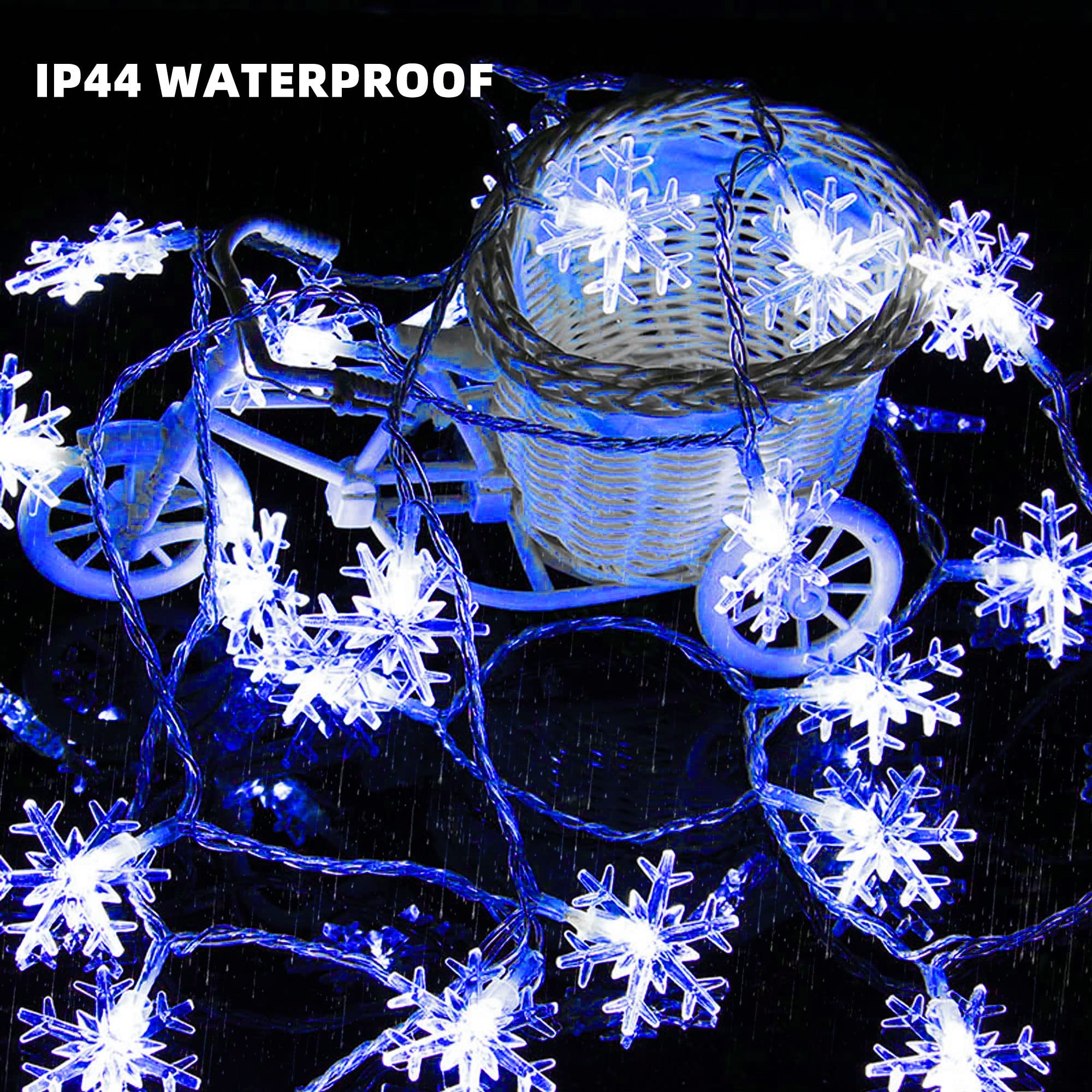 Dazzle Bright Snowflake String Lights, 100LED 50FT, Battery Operated, 8 Modes, Blue - Perfect for Indoor/Outdoor Christmas Decorations