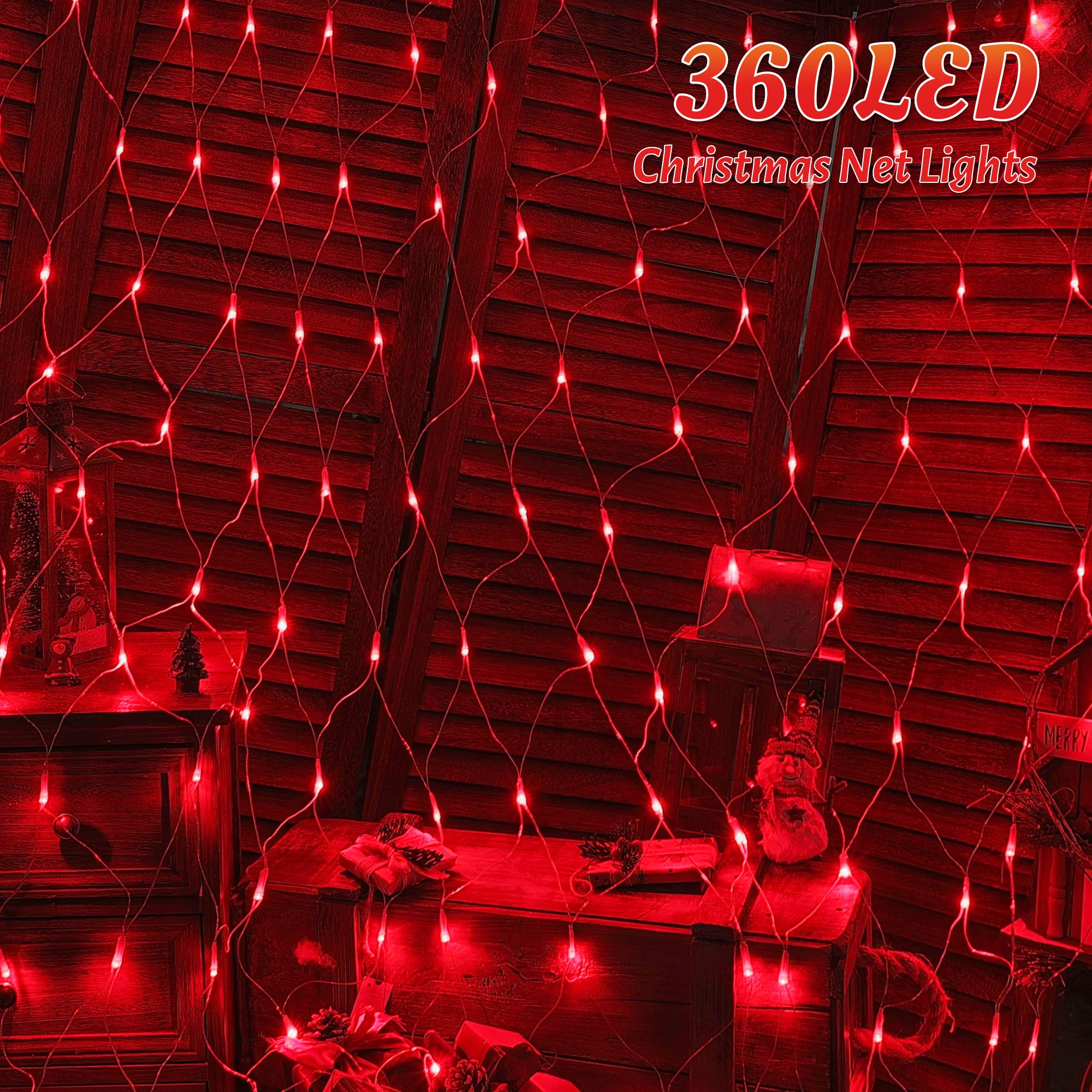 Heyfuni Net Mesh String Lights, 360Led Red Light Bulbs, 8 Lighting Modes, For Indoor Outdoor, Curtain, Christmas Tree, Bush, Party, Wedding, Fairy, Wall Decor (13 Ft X 5 Ft,Red)
