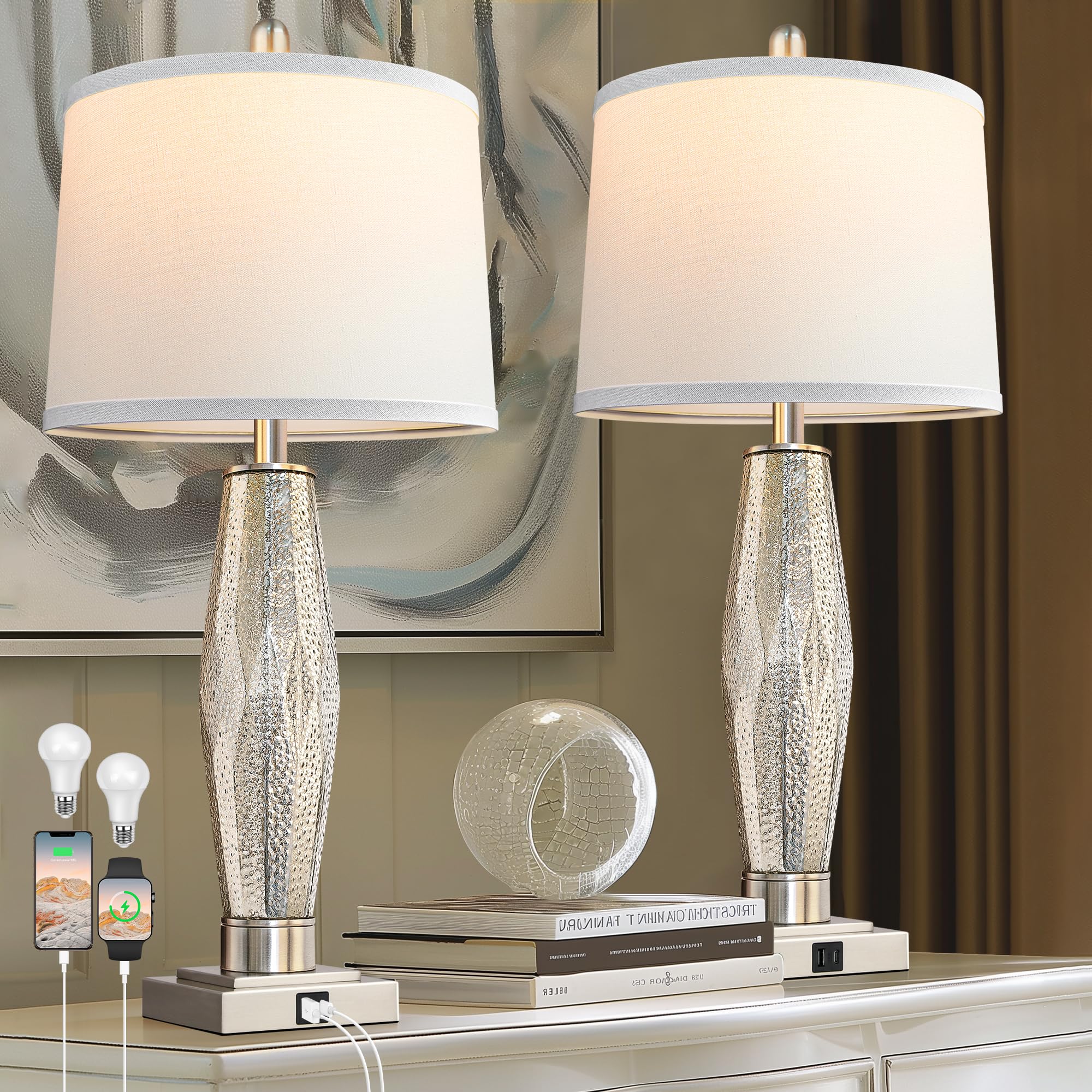 QiMH Table Lamps Set of 2, Bedroom Lamp with USB A+C Charging Ports, Modern Beside Lamps for Living Room with White Shade Rotary