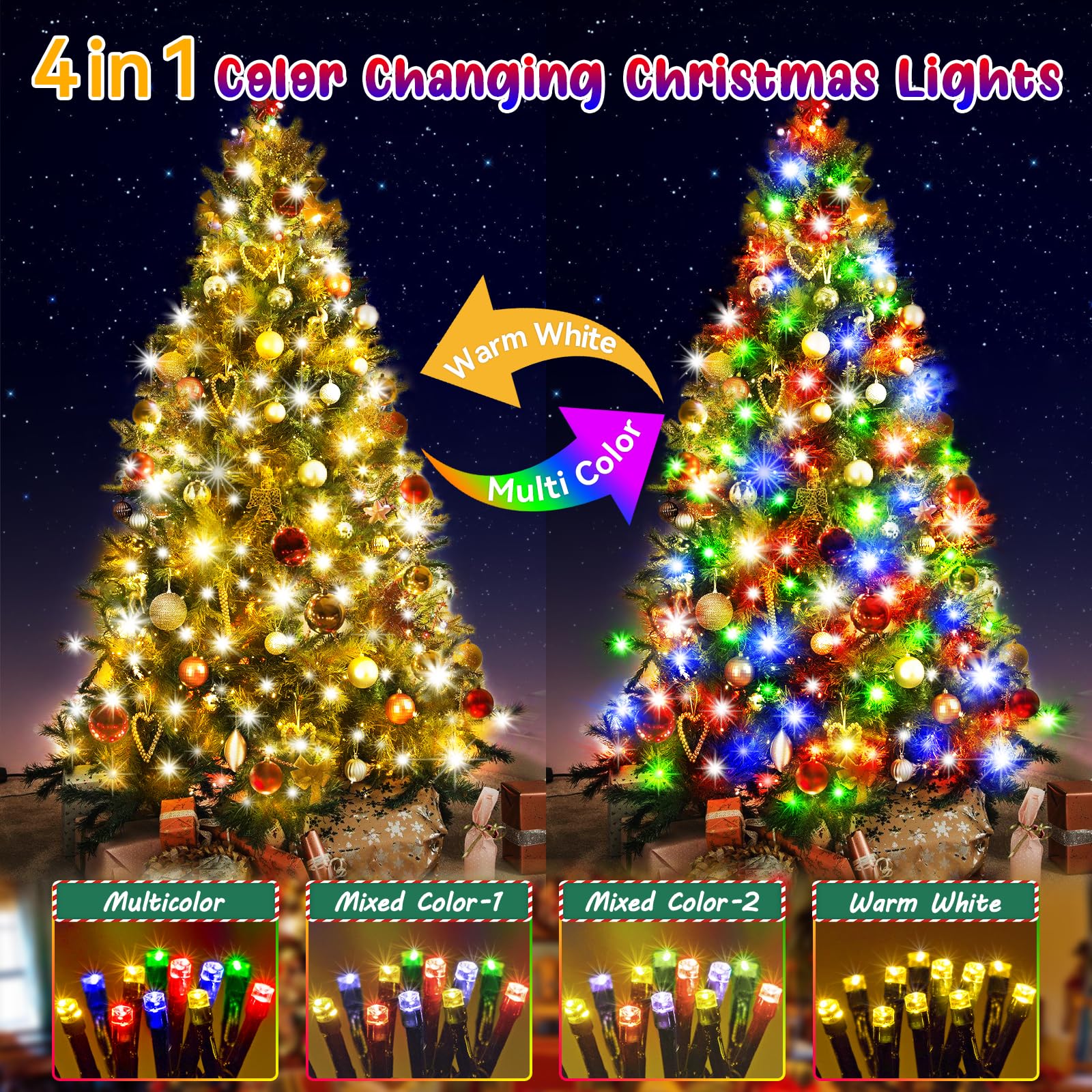 Hezbjiti 1000LED Color Changing Christmas Lights, 403FT Green Wire, IP44 Waterproof, Warm White & Multicolor, 11 Modes
