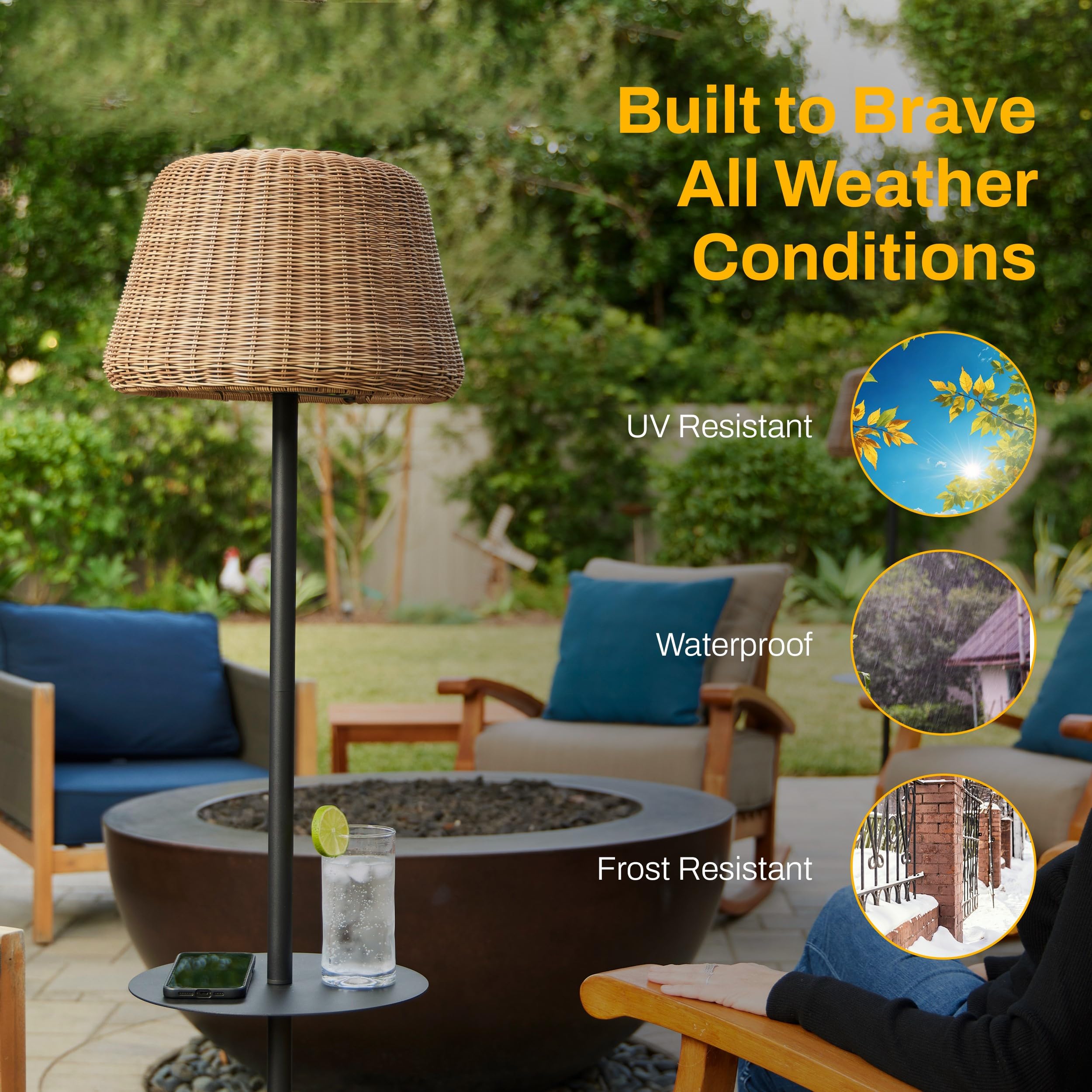 Solar Outdoor Floor Lamp With Table - Cordless Outdoor Floor Lamp - Patio, Porch, Garden - Rattan Wicker Lights For Outside - Waterproof, Rechargeable, Weatherproof