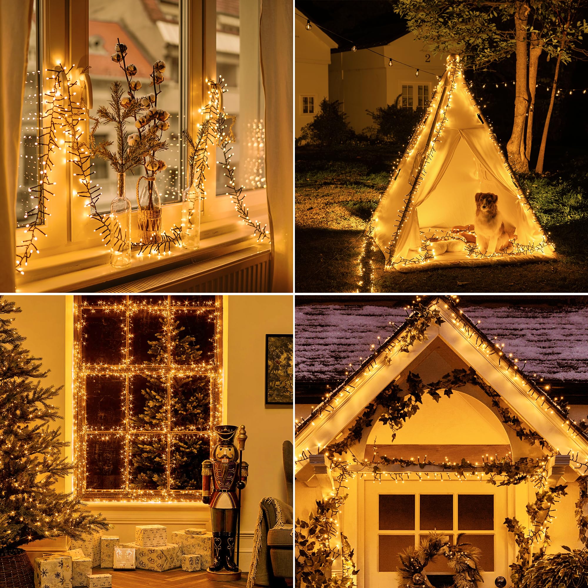 Ccinny 1200 LED Cluster Lights, 59 FT Warm White String Lights with Timer & Remote, Waterproof for Indoor/Outdoor Xmas Decorations