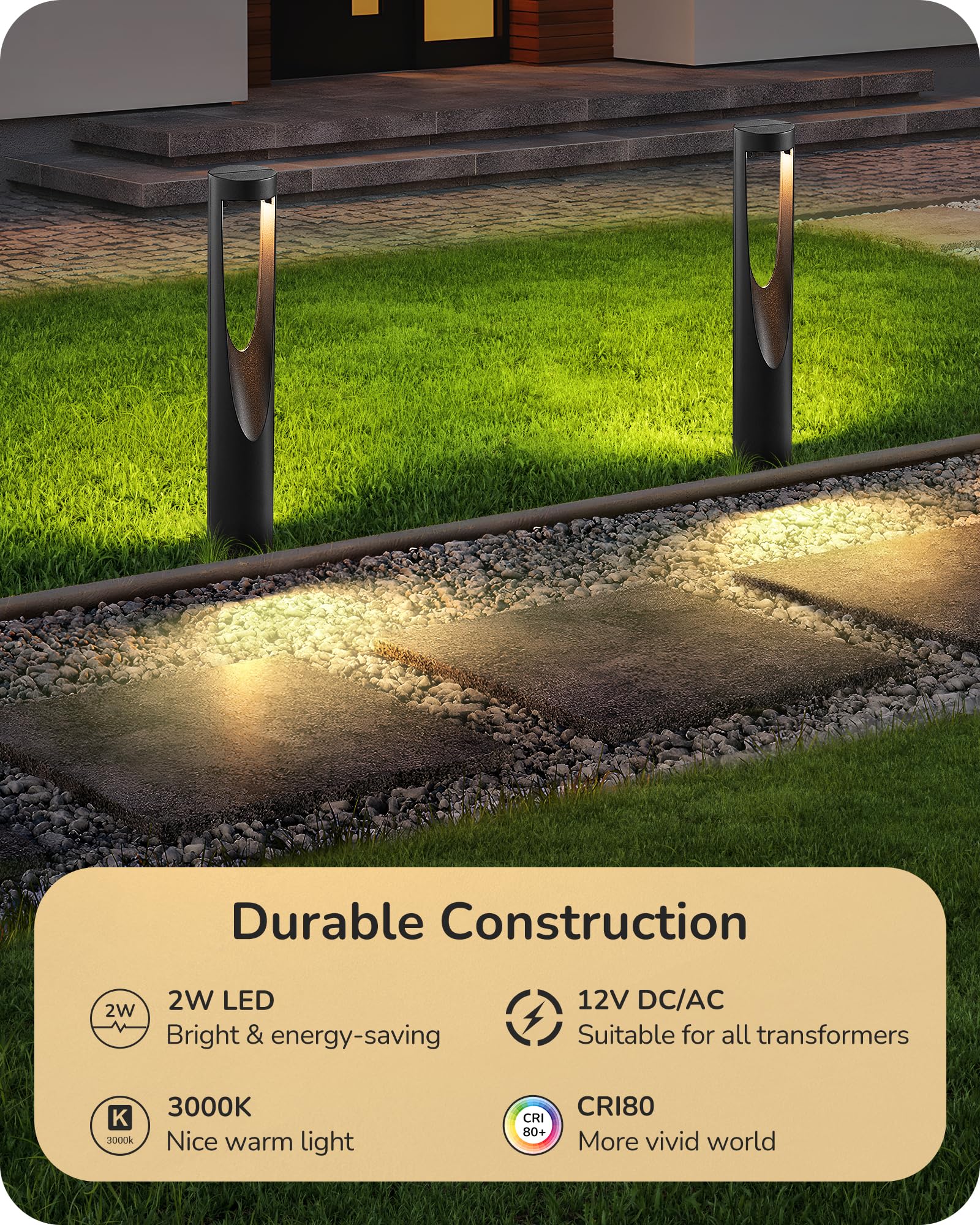 EDISHINE Low Voltage Landscape Light, 12-24V, 2W 150LM, Waterproof LED Pathway Lights, Black, Model HGSL39B, 6 Pack