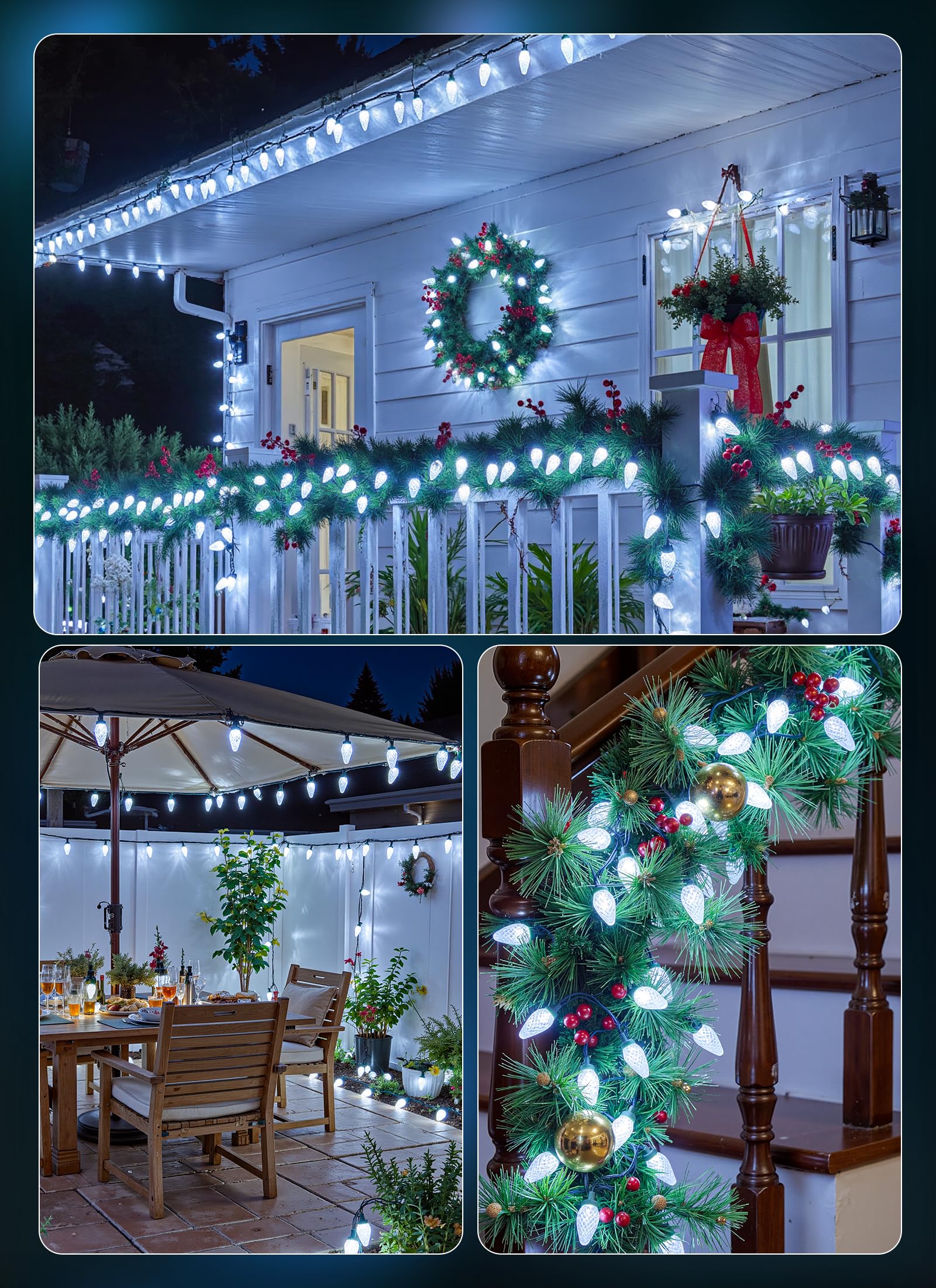 Minetom C9 Christmas Lights Outdoor  72 Ft 110 Led C9 String Lights  8 Modes & Timer Connectable Waterproof For Christmas Tree Light Indoor Outdoor Roofline Patio Outside Yard Xmas Decor  White