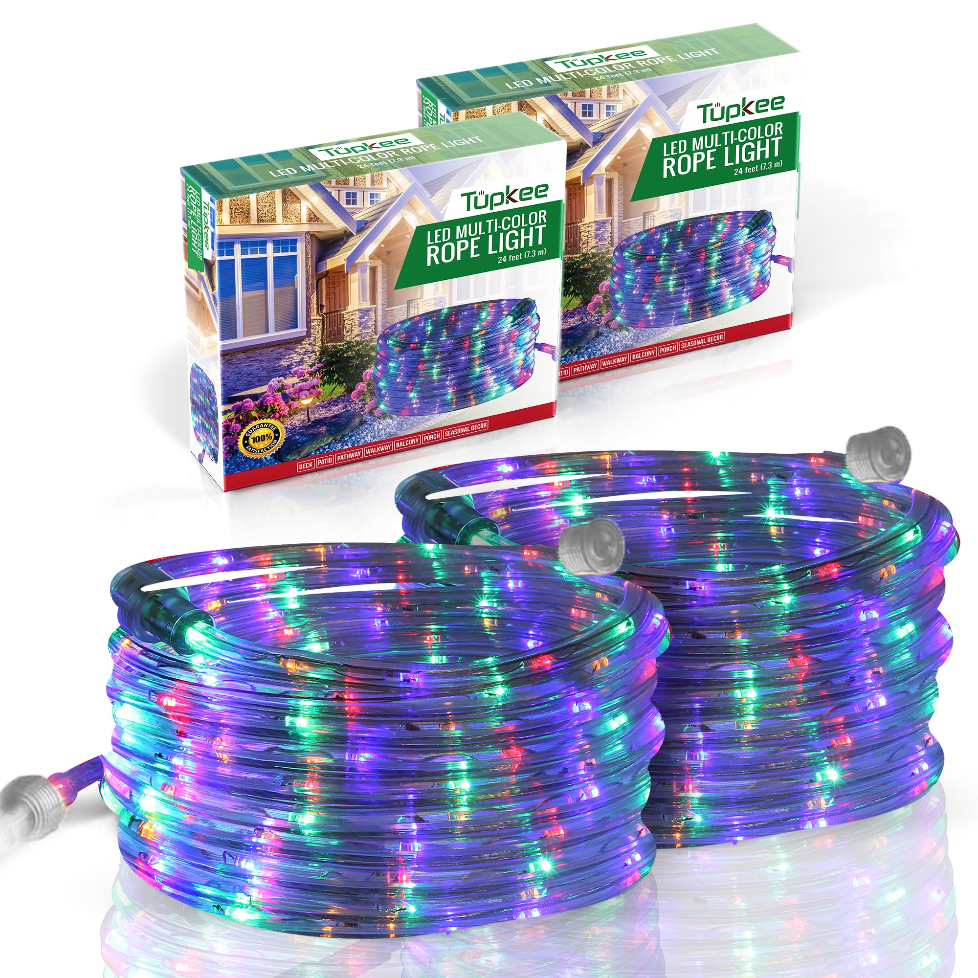 Tupkee LED Rope Light Multi-Color 24 Feet Pack of 2 - 10MM Diameter, 144 Long Life Bulbs for Indoor/Outdoor Use