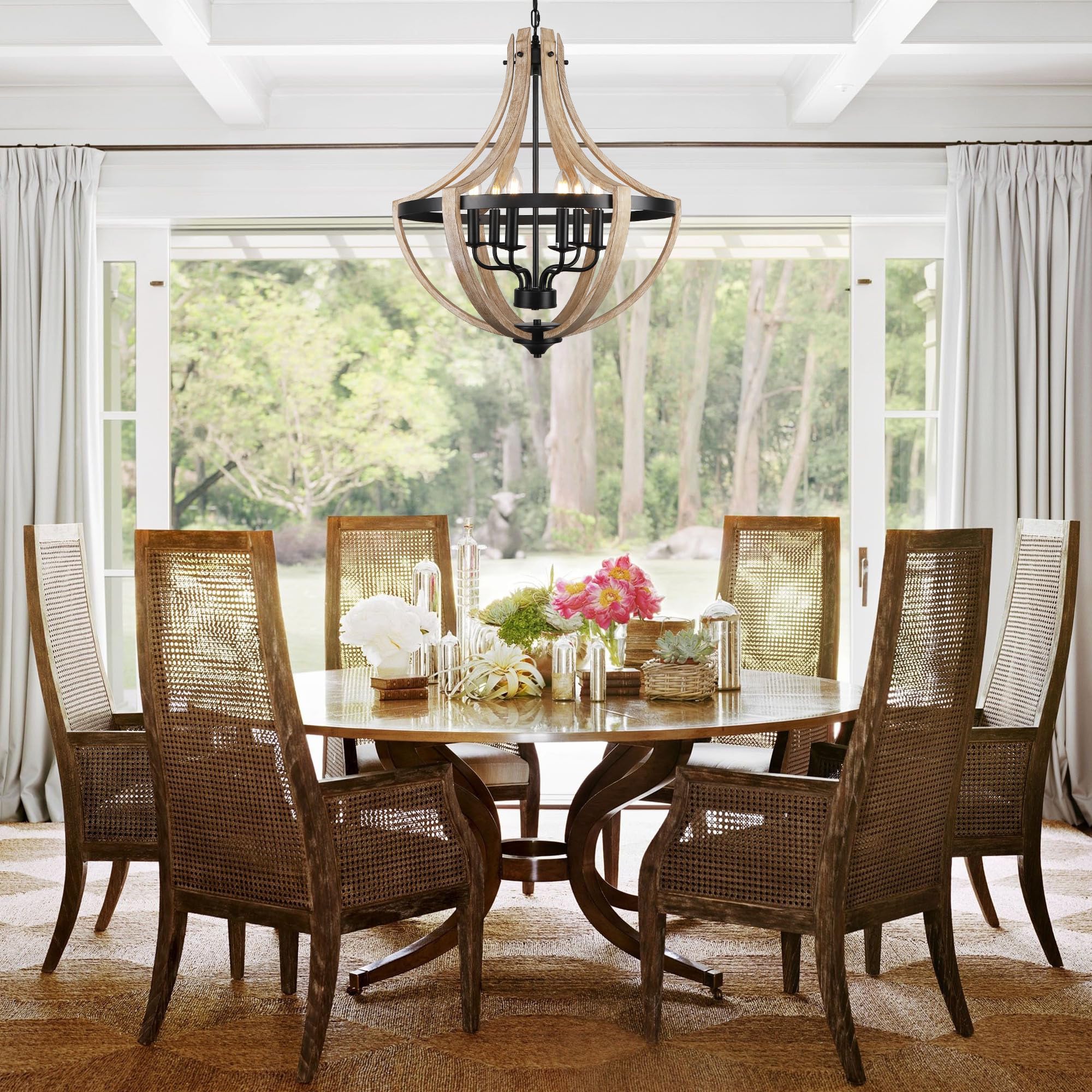 6-Light Large Rustic Farmhouse Dining Room Chandeliers, Adjustable Height Entryway Light Fixture, Hanging Wood Chandelier For Ki