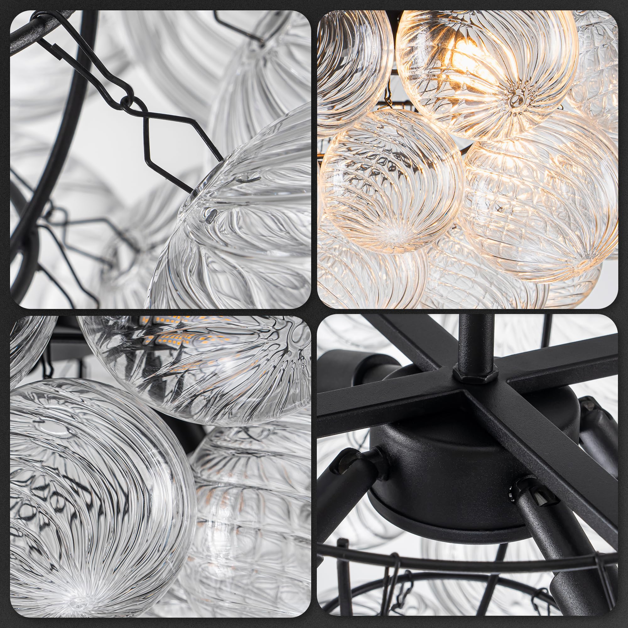 Beypan Bubble Ball Glass Chandelier Black Finish Clear Ribbed Blown Glass Globe Chandeliers Semi Flush Mount Ceiling Light Fixtu