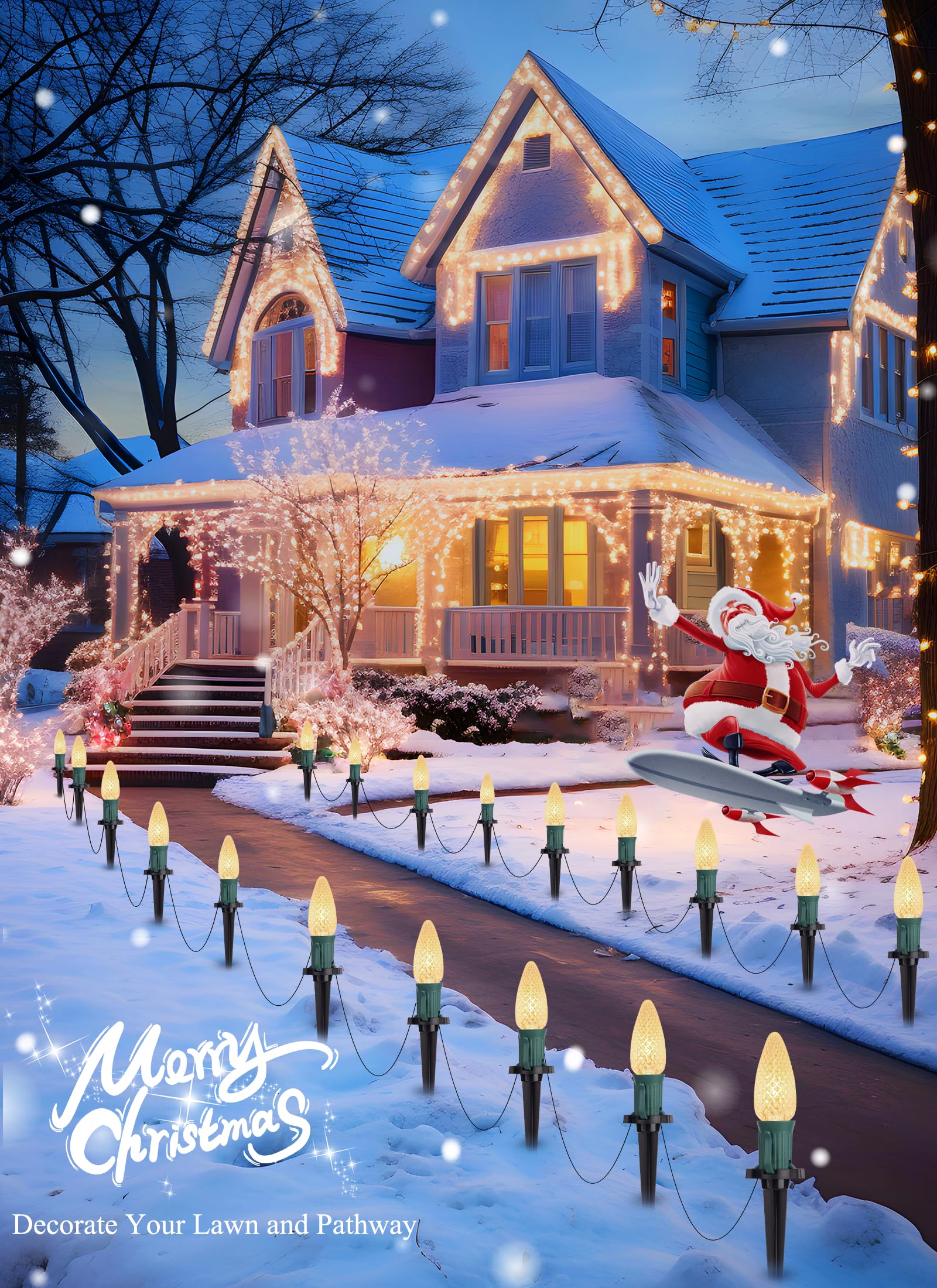 C9 Christmas String Lights Outdoor - 20 Led Pathway Light With Strawberry Shell And Stake Connectable Warm White High Voltage Wa