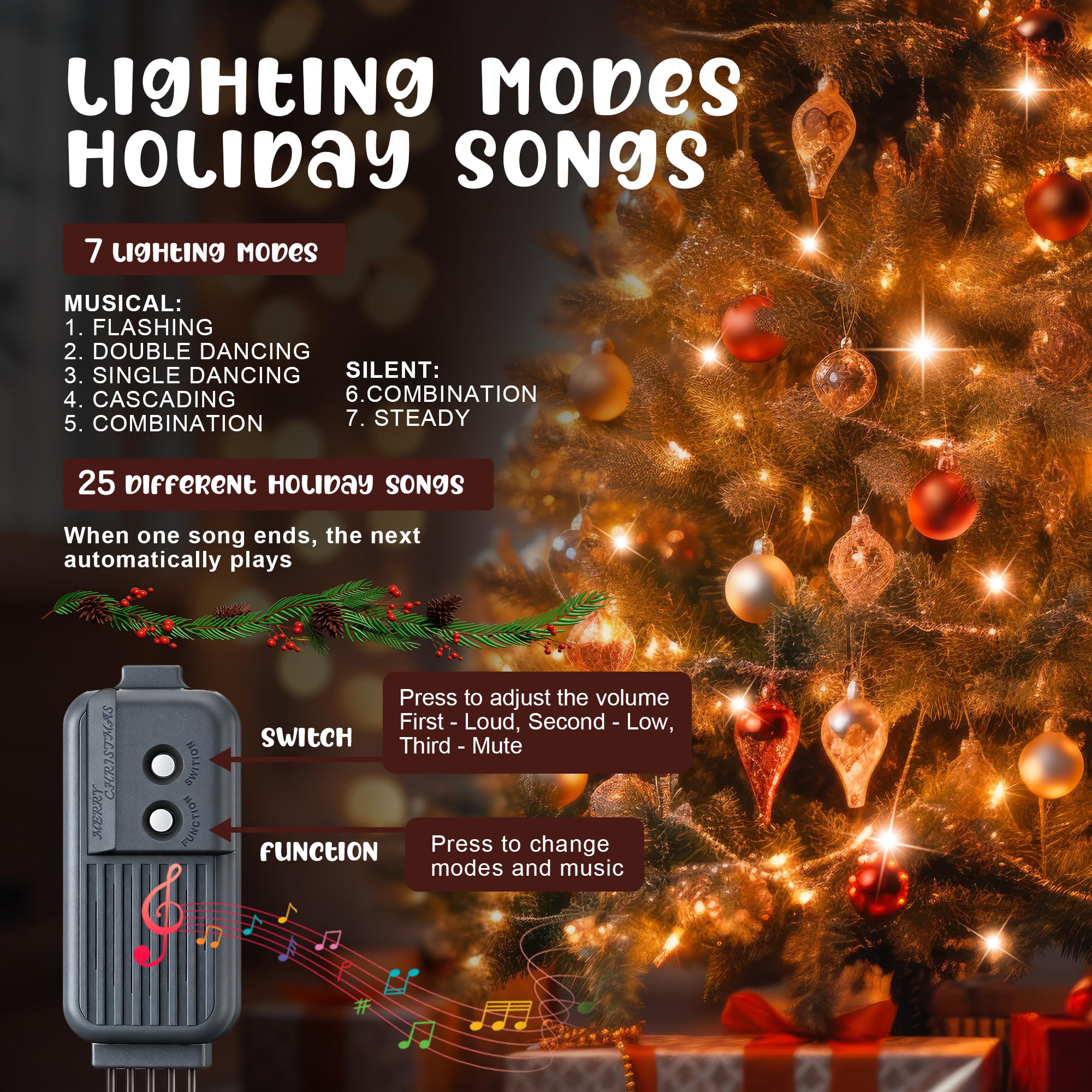 Enhon Christmas String Lights, 150 Bulbs, 36 Ft, Warm White, 7 Function Modes, Brown Wire, Indoor/Outdoor Decorations, Model E362454