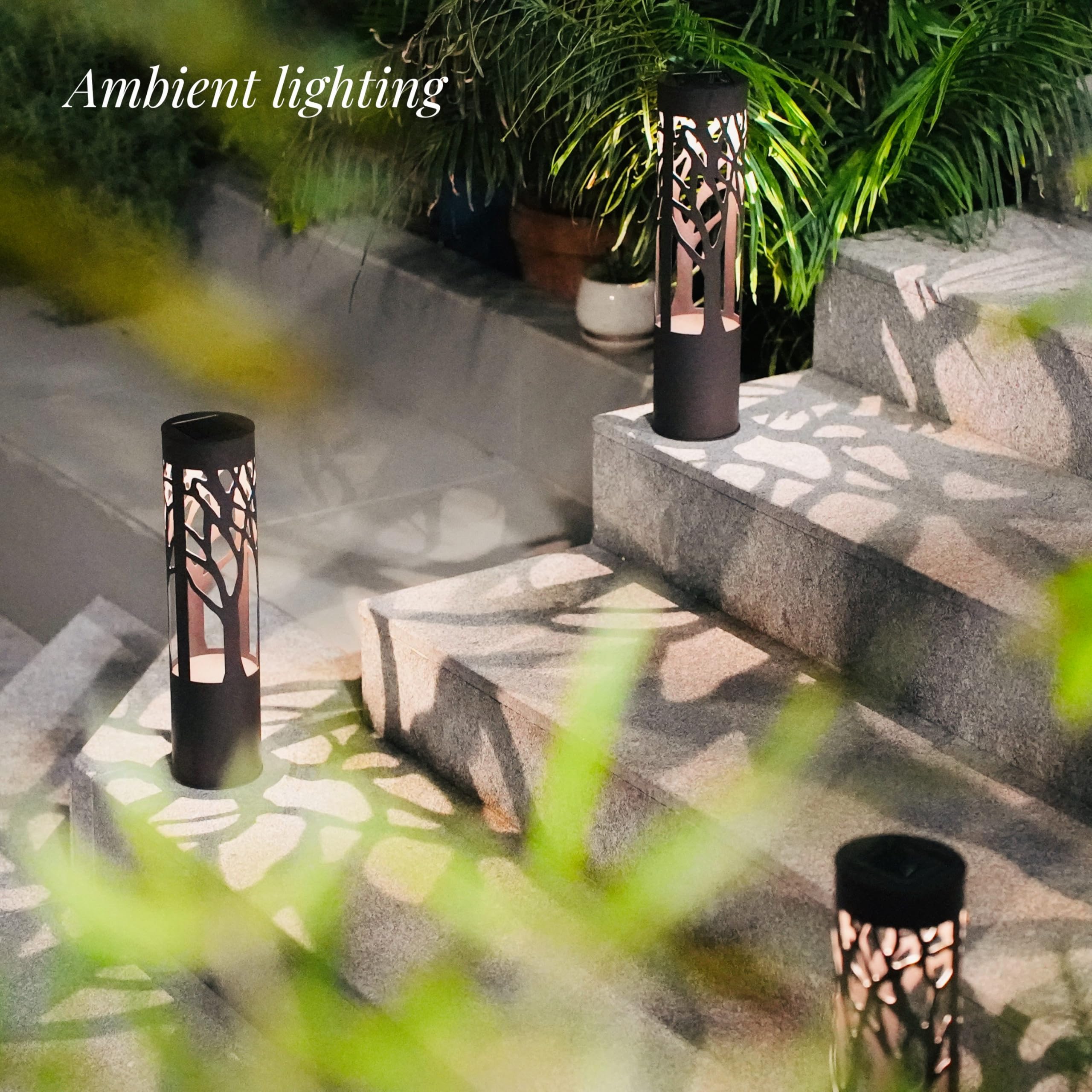 PUMPSUN Solar Pathway Lights 4-Pack, Iron Landscape Lighting, Dust to Dawn, Brown, Model PSWY22002, Warm Yellow for Garden Decor