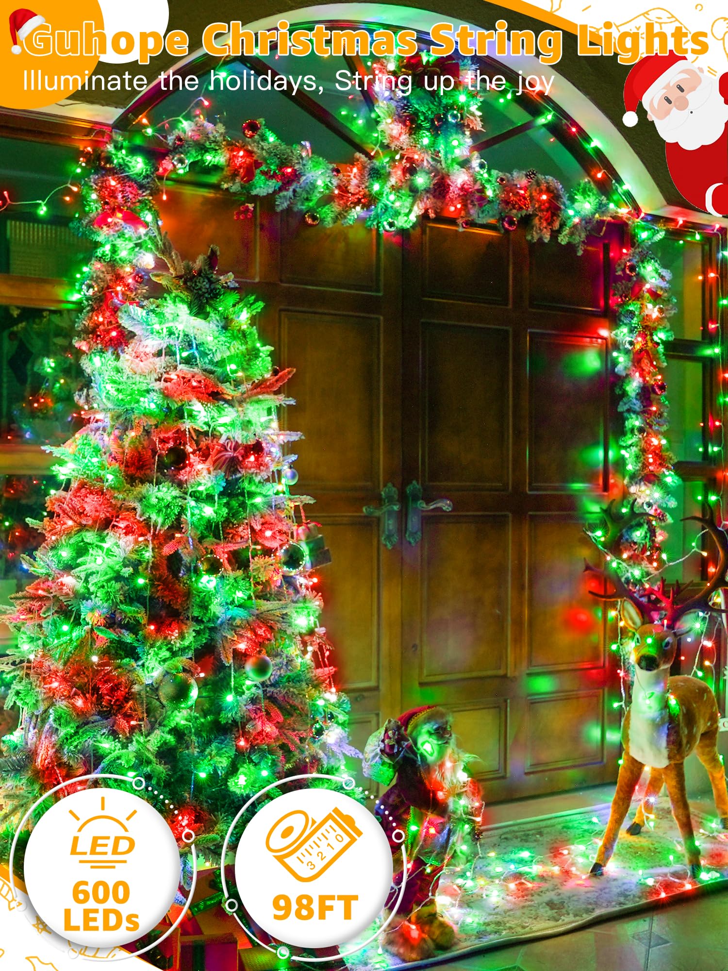Guhope 600 LED Christmas String Lights - 98FT Waterproof Remote & Timer, Dimmable Fairy Lights for Indoor/Outdoor Red and Green Decorations
