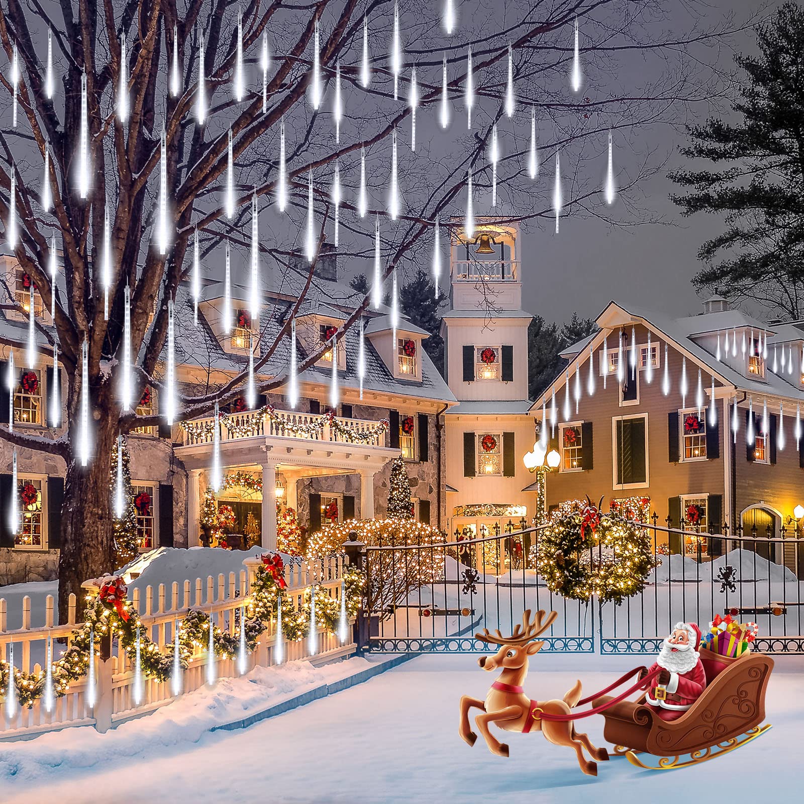 Brightown Solar Meteor Shower Lights - 576 LED, 16 Tubes, 16 Inch, Pure White - Outdoor Christmas Decorations for Trees and Bushes