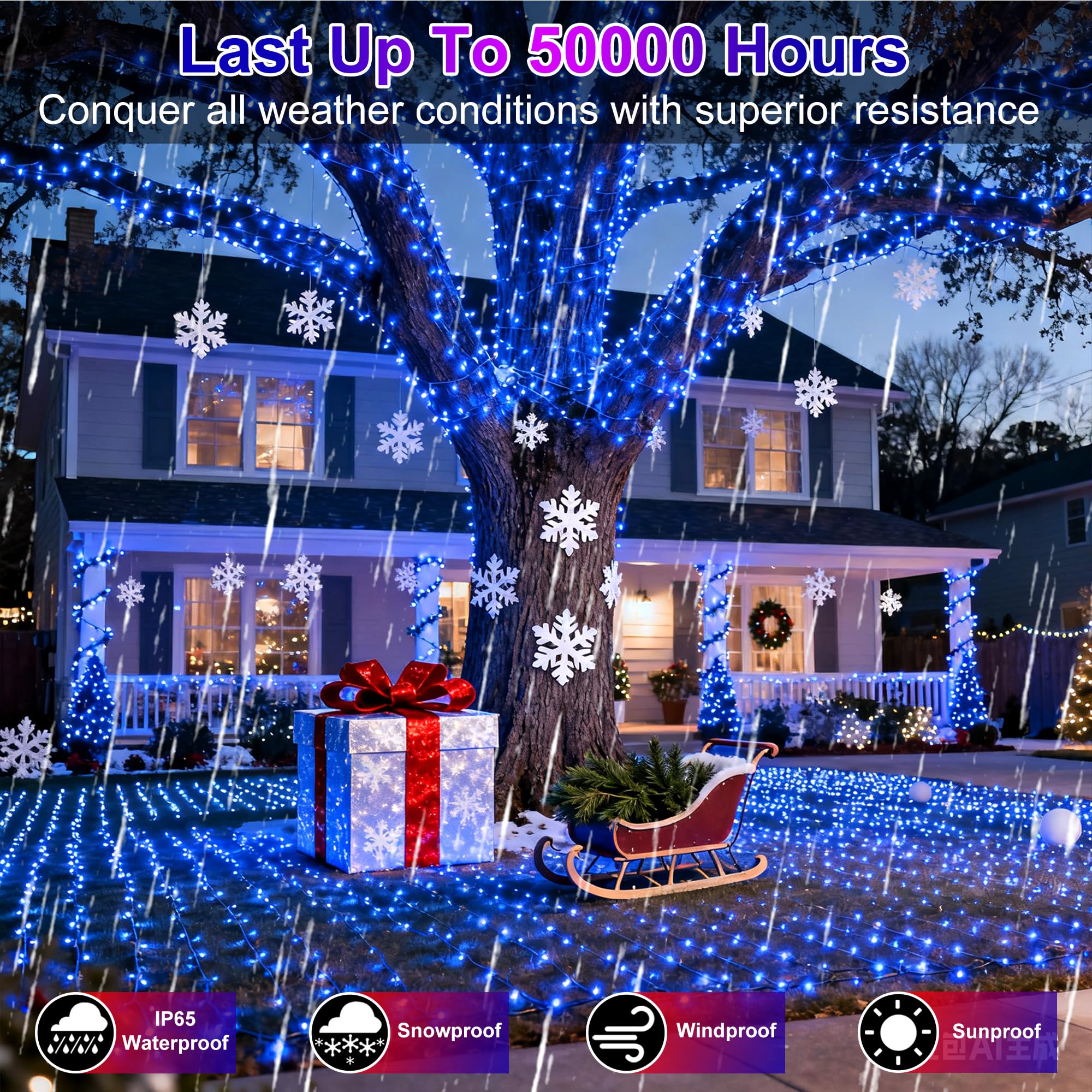 340 Led 90Ft Christmas String Lights Outdoor  12 Pro Modes And Timer Memory & Brightness  Plug In Outdoor Waterproof Clear Wire Twinkle Light For For Xmas Yard Tree Wedding Party Decor (Blue)