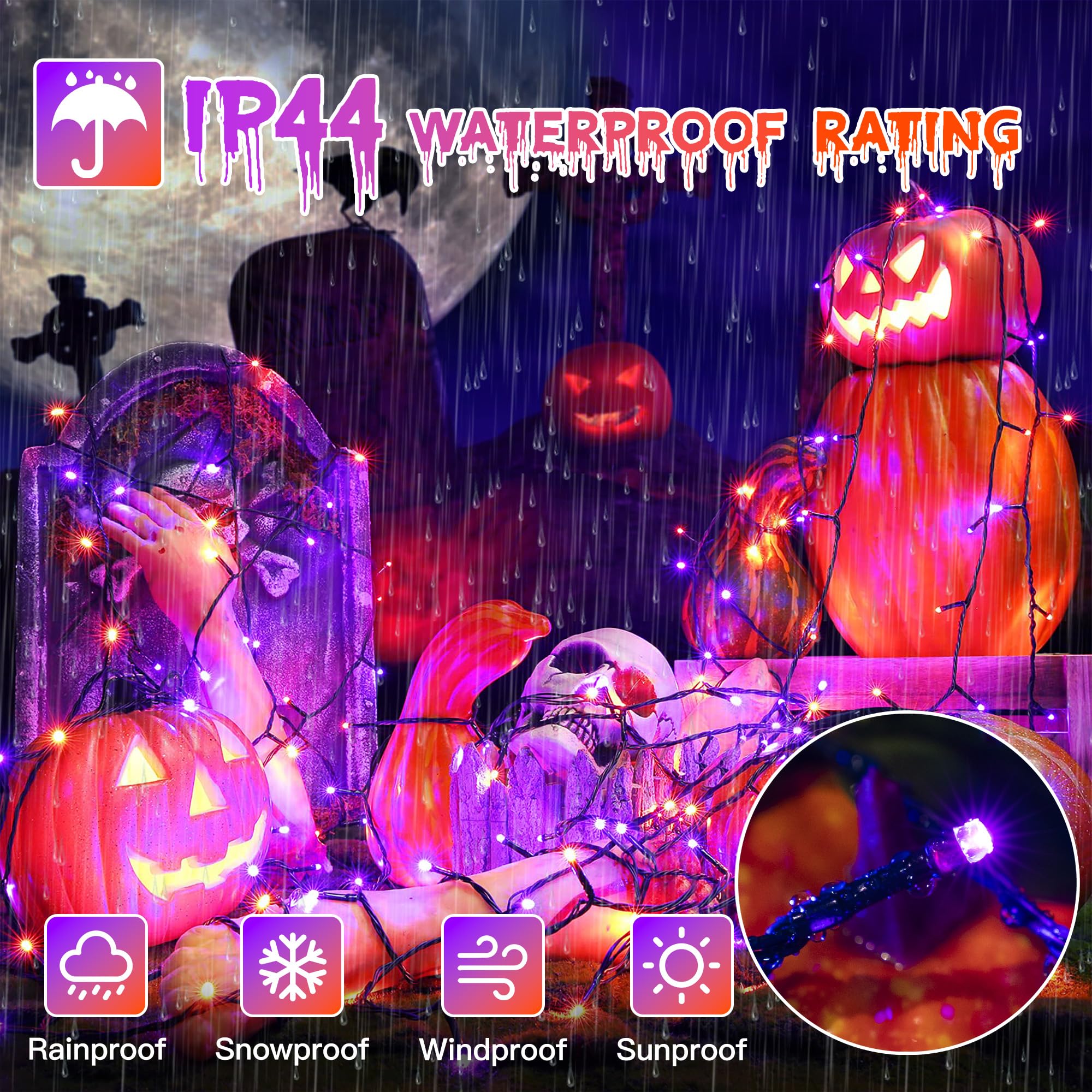 Guhope 33Ft 100 Led Halloween Lights  Orange + Purple Halloween Lights Outdoor With 8 Lighting Modes  Waterproof String Lights For Halloween Christmas Outdoor Party Yard Garden Decoration