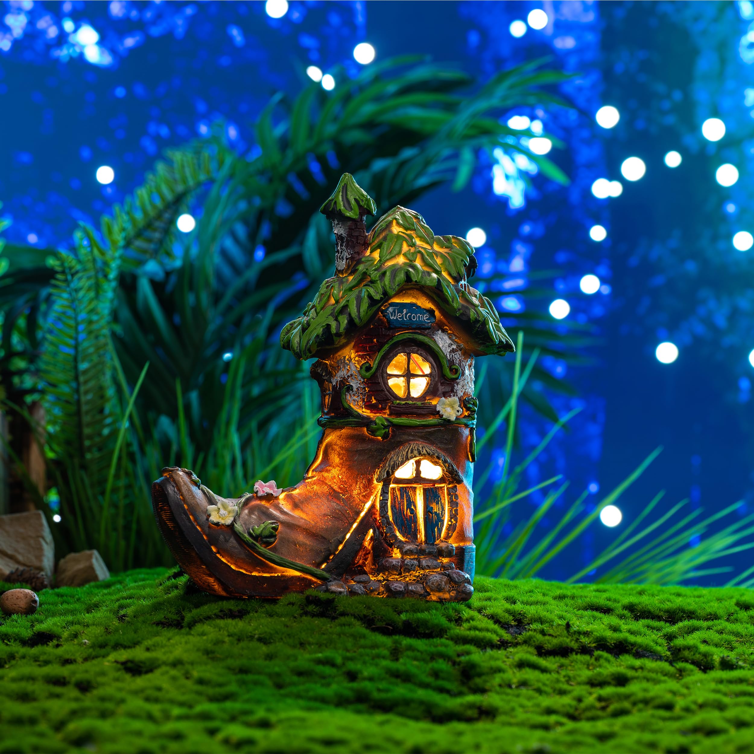 TERESAS COLLECTIONS Boot Fairy House Garden Statue with Solar Light, 6in Multicolor Resin Outdoor Decor