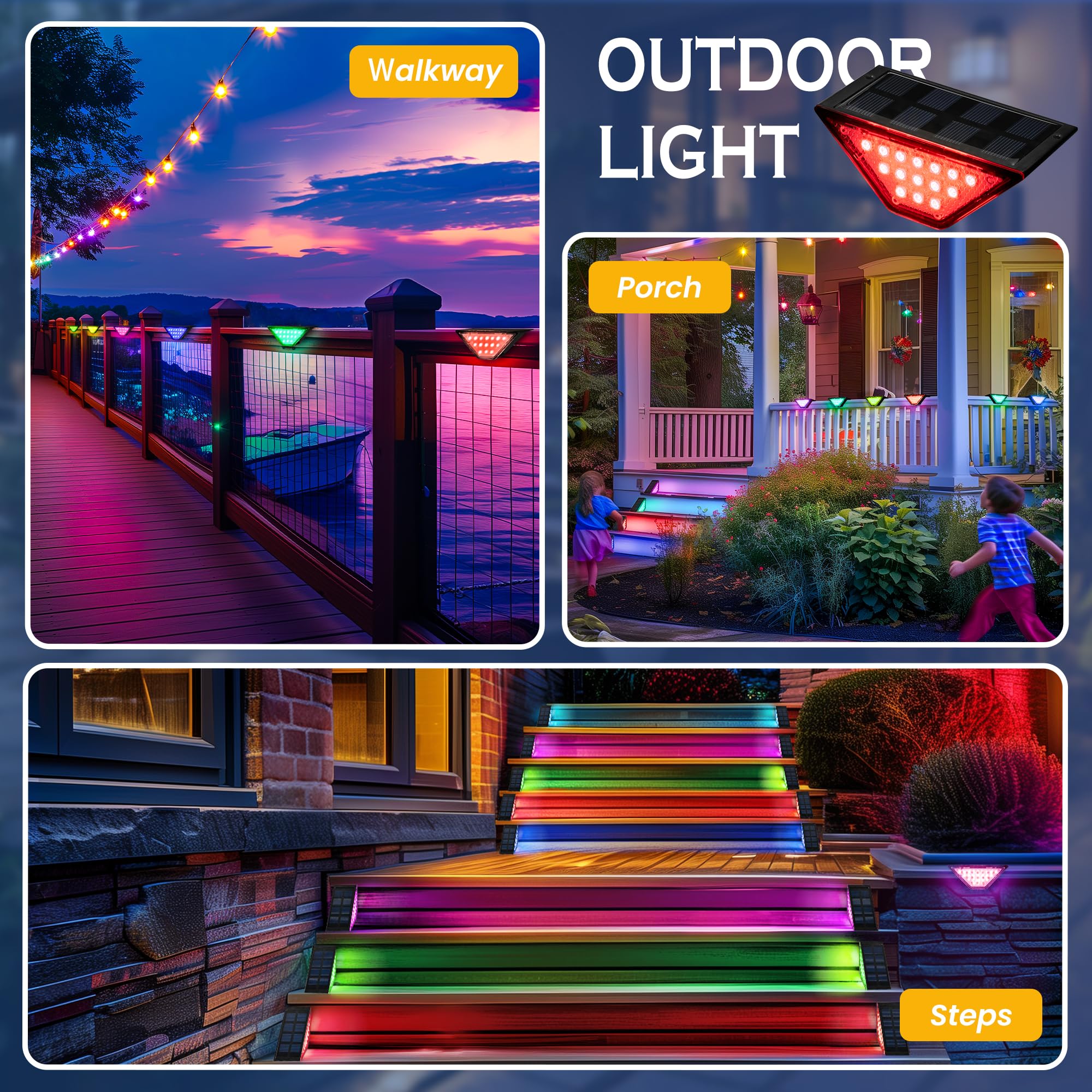 SOLPEX Solar Step Lights, 24 LEDs Outdoor Waterproof Stair Lights, 12 Pack, RGB, Model 9236, for Porch, Yard, Garden, Deck