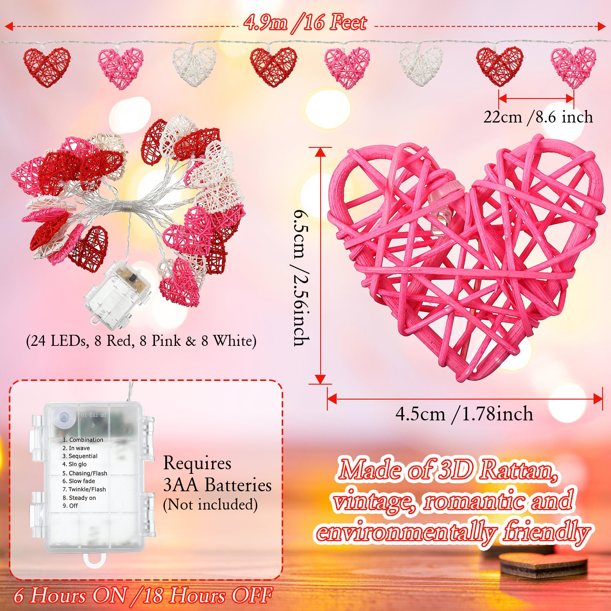 Hiboom Valentines Heart String Lights, Battery Operated Vintage Rattan Heart Shaped Lights, 16Ft 24 Led Twinkle Light For Valent