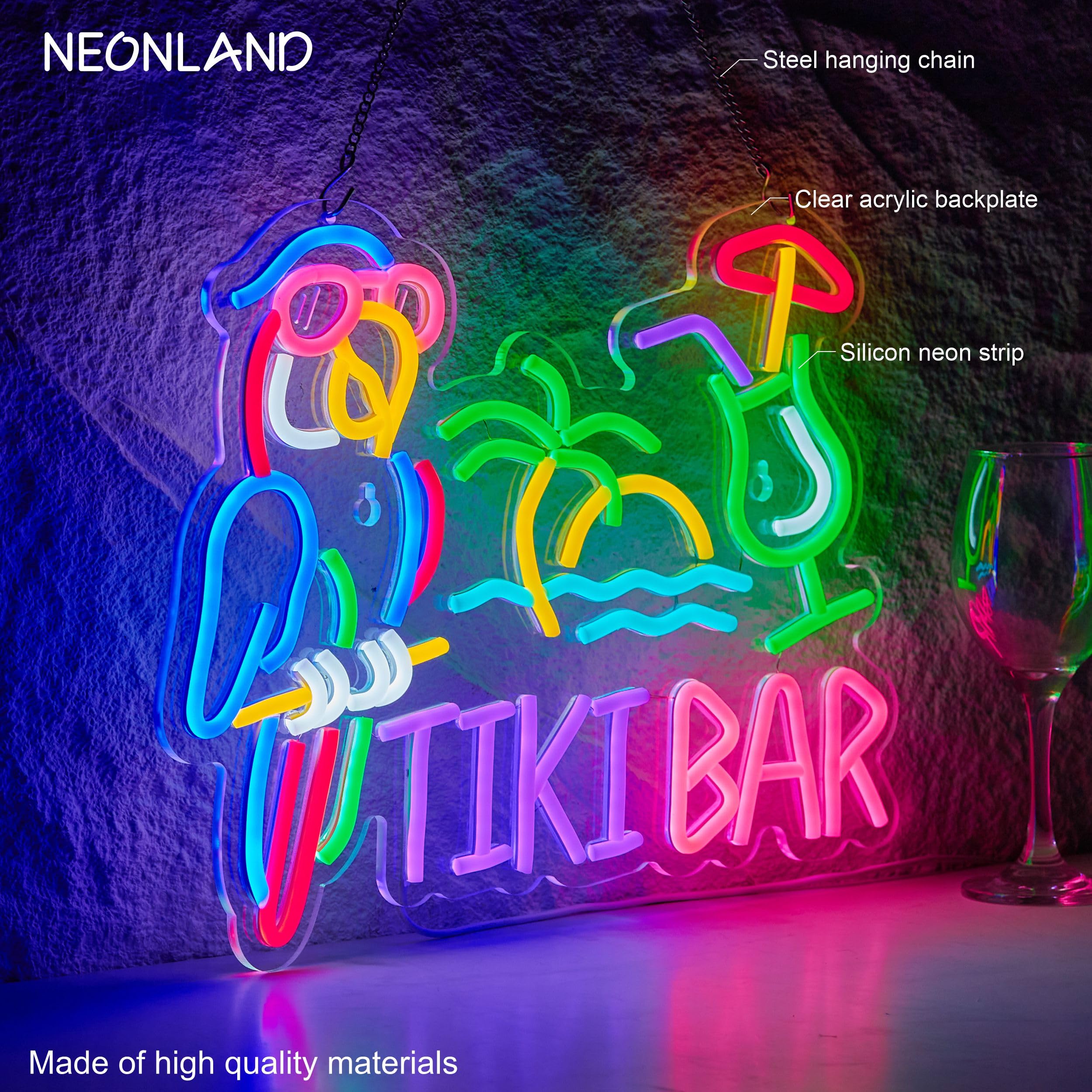 NEONLAND Tiki Bar Parrot Neon Sign, LED Wall Decor, 16.5"x12.6", Pink/Blue/Purple, Acrylic, Model: Sunglasser Parrot Tiki