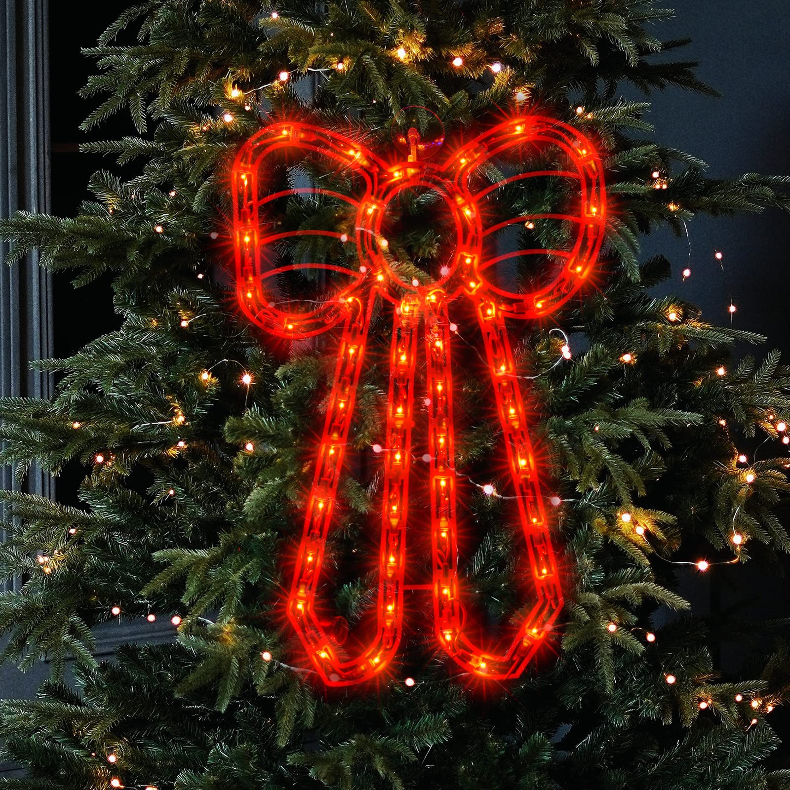 JUSTPRO Christmas Window Silhouette Lights, Double-Sided Bow Decor, 50 Incandescent Mini Lights, Durable Material, 1-Pack