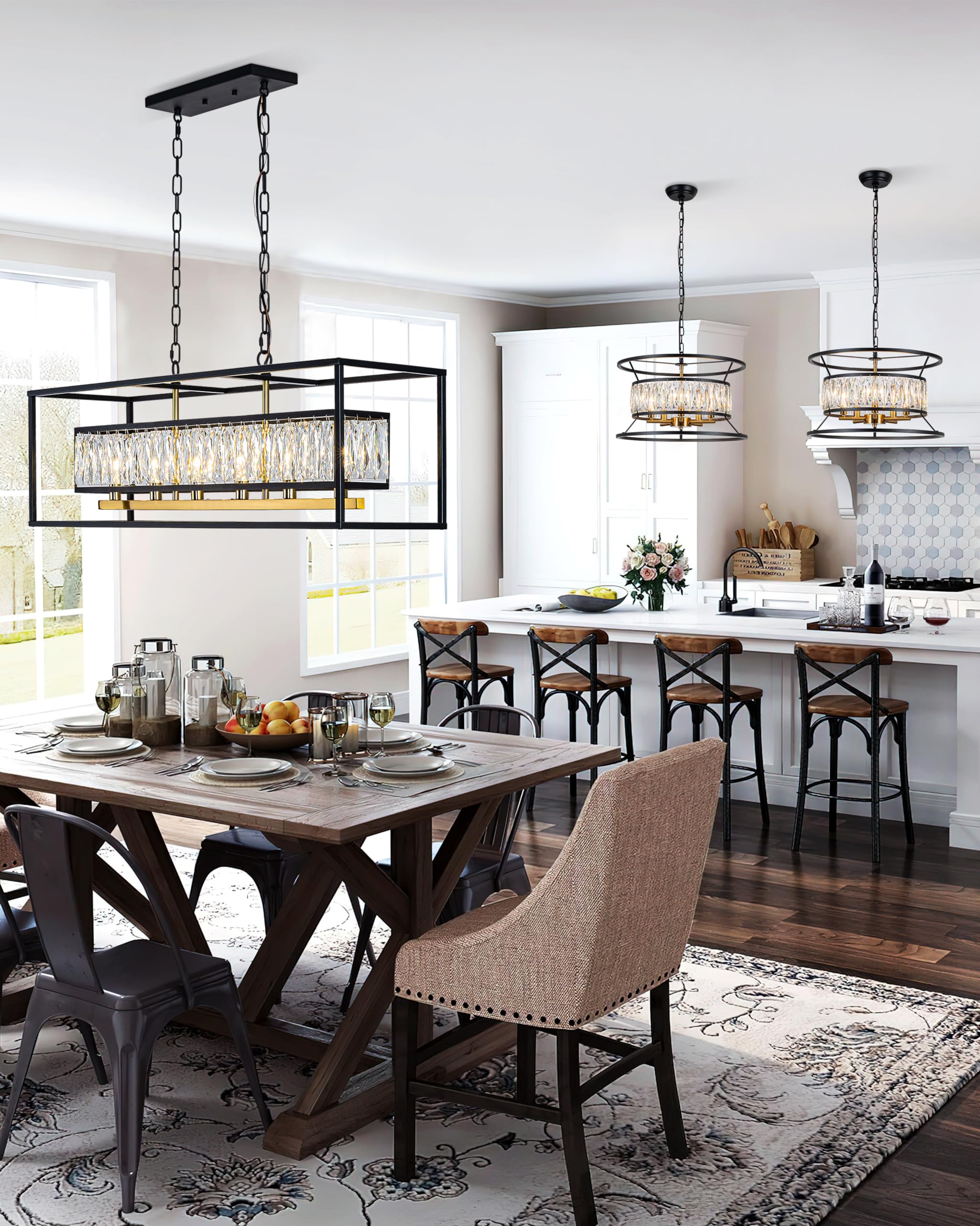 Vezzio Modern Farmhouse 6-Light Crystal Chandelier, Black & Satin Brass, Rectangular Pendant Light for Dining Room and Kitchen Island