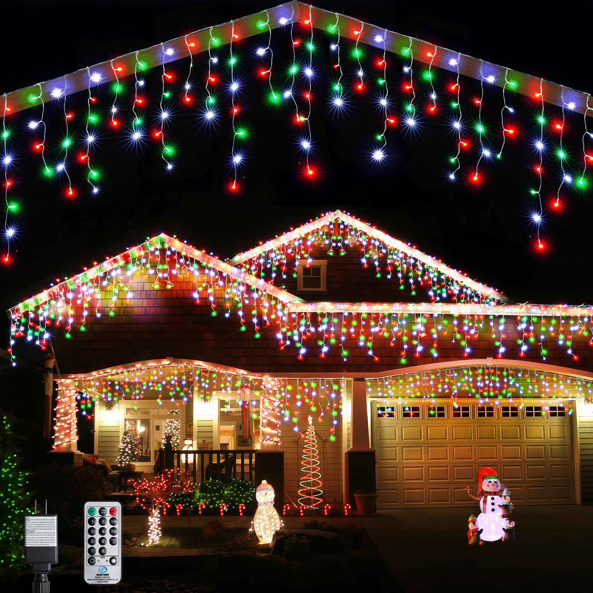 WBao Icicle Lights Outdoor, 432 LED, 33FT, Remote Control, 8 Modes, Waterproof, Red Green White