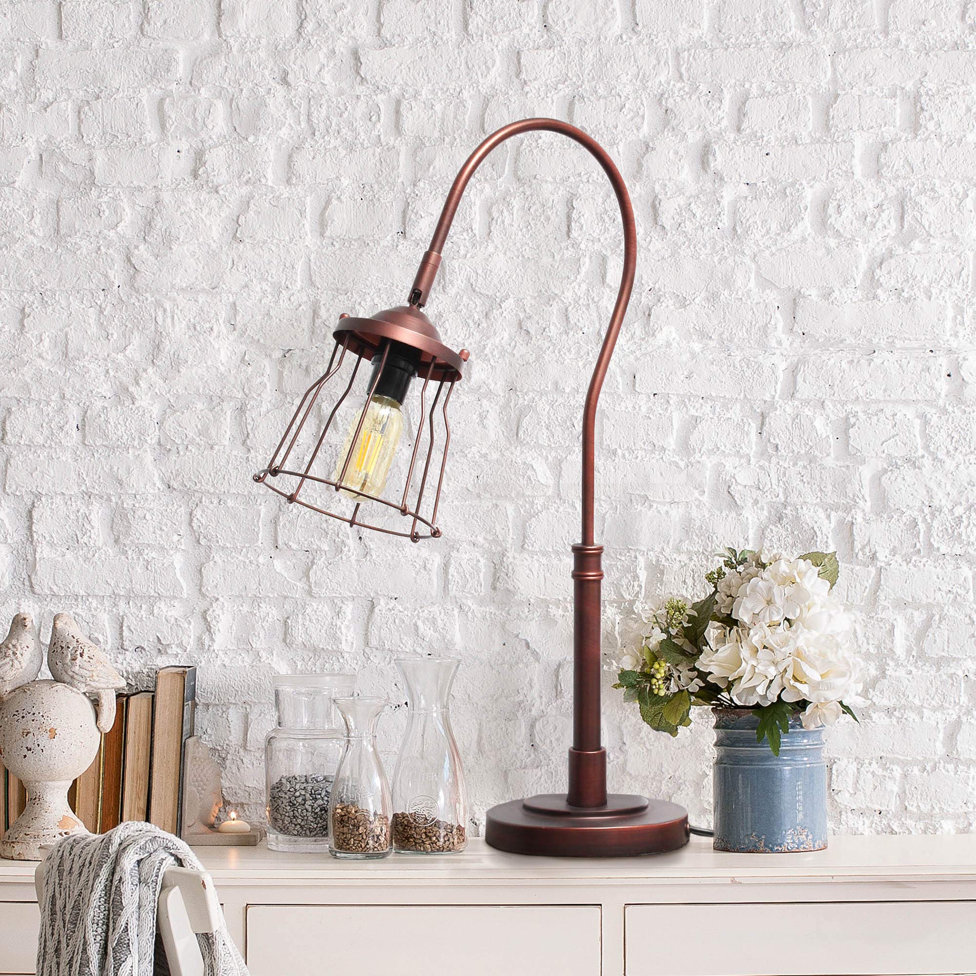 LALIA HOME Rustic Caged Shade Table Lamp, Metal, 16inL x 7inW x 25inH, Red Bronze, Model LHT-5030-RB
