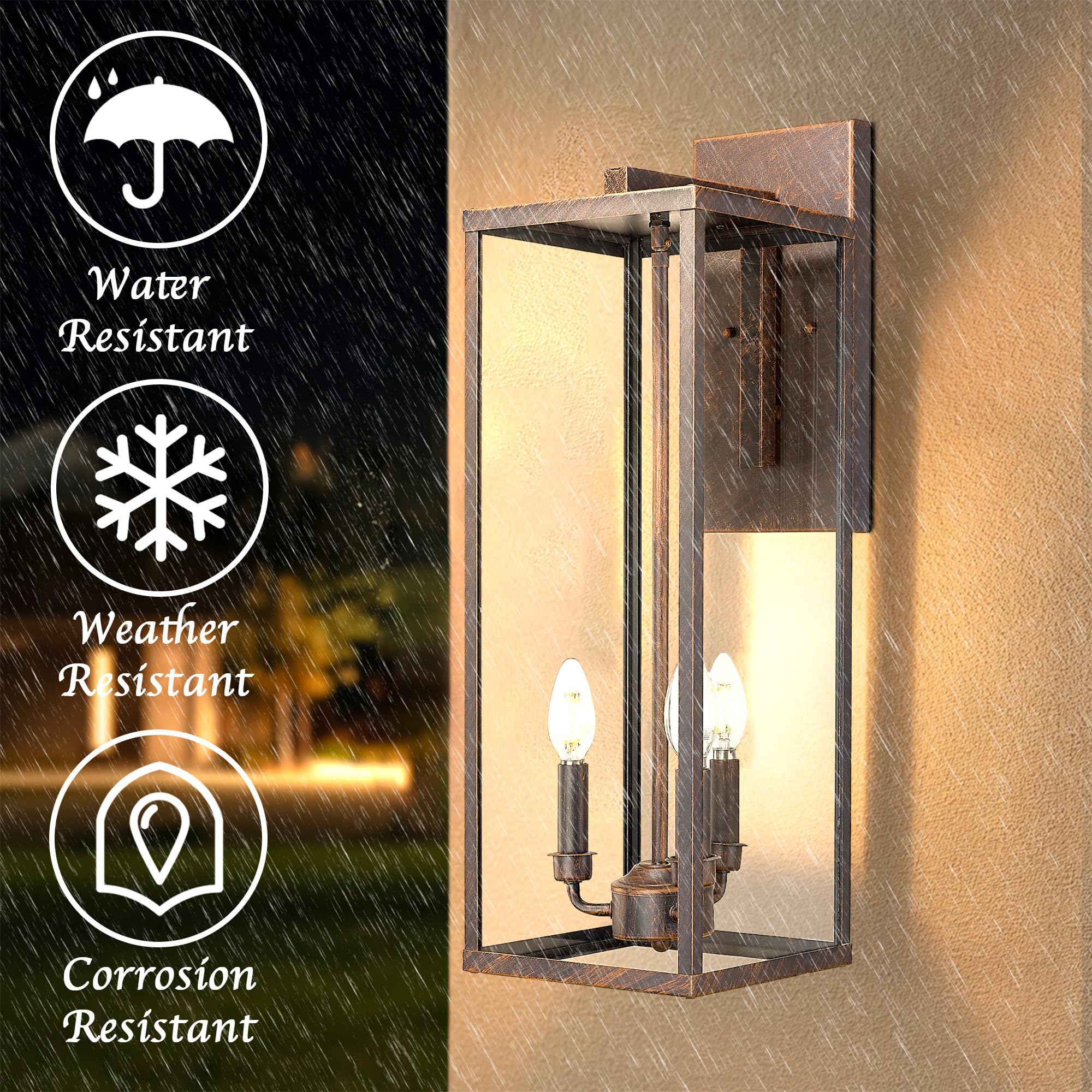 Bestshared Outdoor Wall Lantern, 24in Tall, Metal, Rust, Model 4176, Clear Glass, Anti-Rust, Exterior Lighting Fixture for Porch/Patio