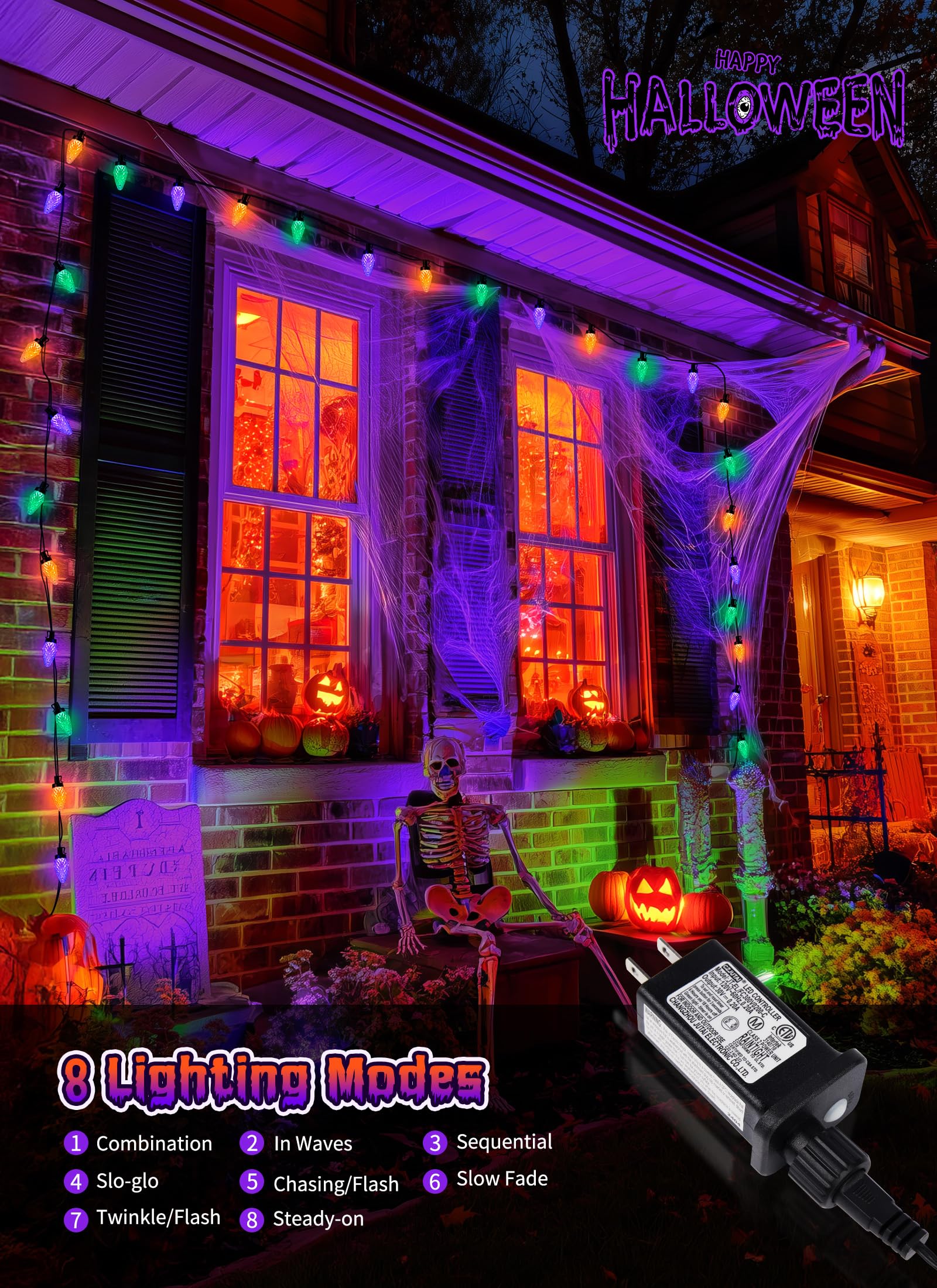 Brightown C9 Led String Lights  114Ft 150 Led Orange Purple And Green Christmas Lights With Timer & 8 Modes  Plug-In Waterproof Outdoor Lighting For Halloween House Patio Yard Porch Roof