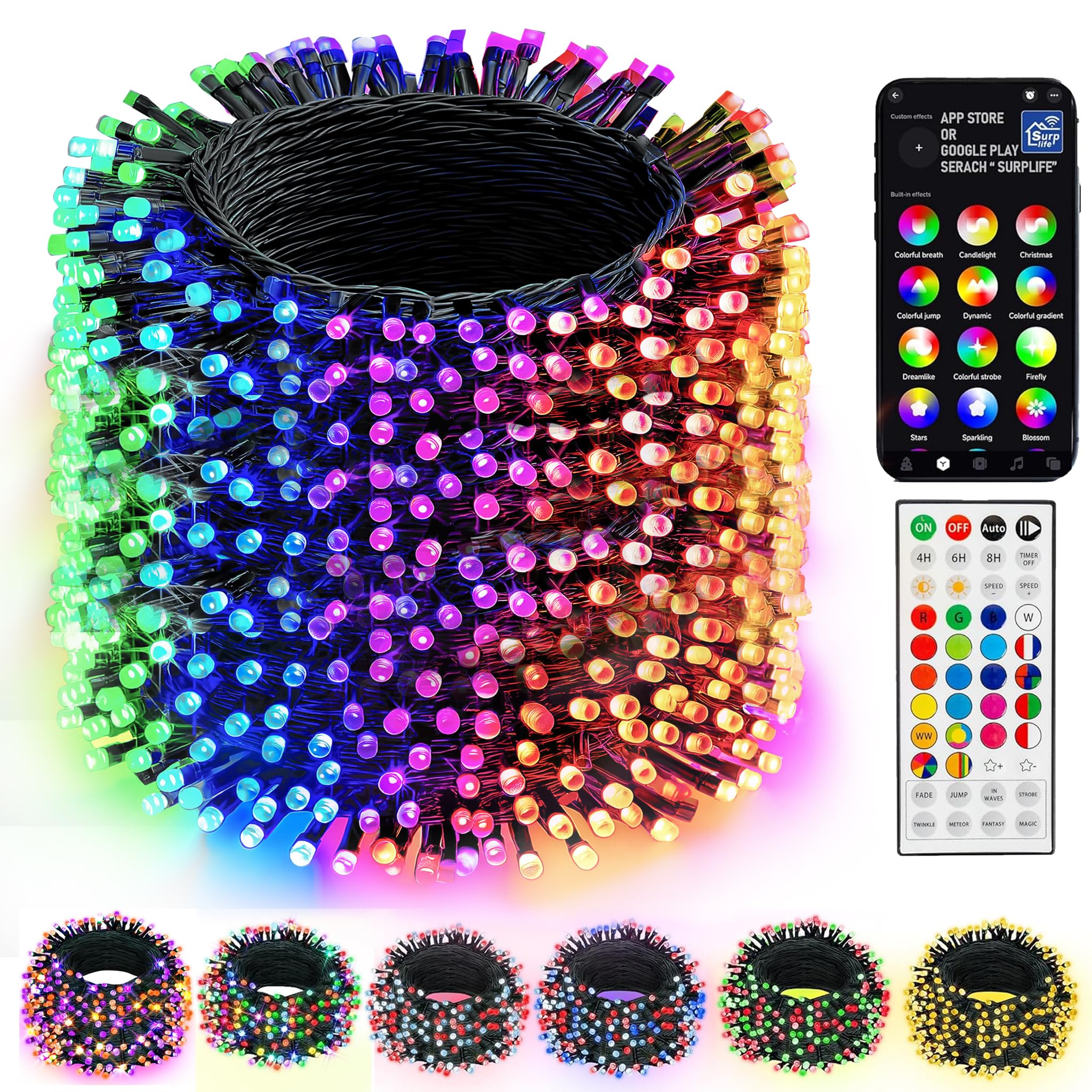 Dazzle Bright Smart Christmas String Lights, 328FT 1000 LED RGB Color Changing String Lights with Remote & App Controlled, Hallo