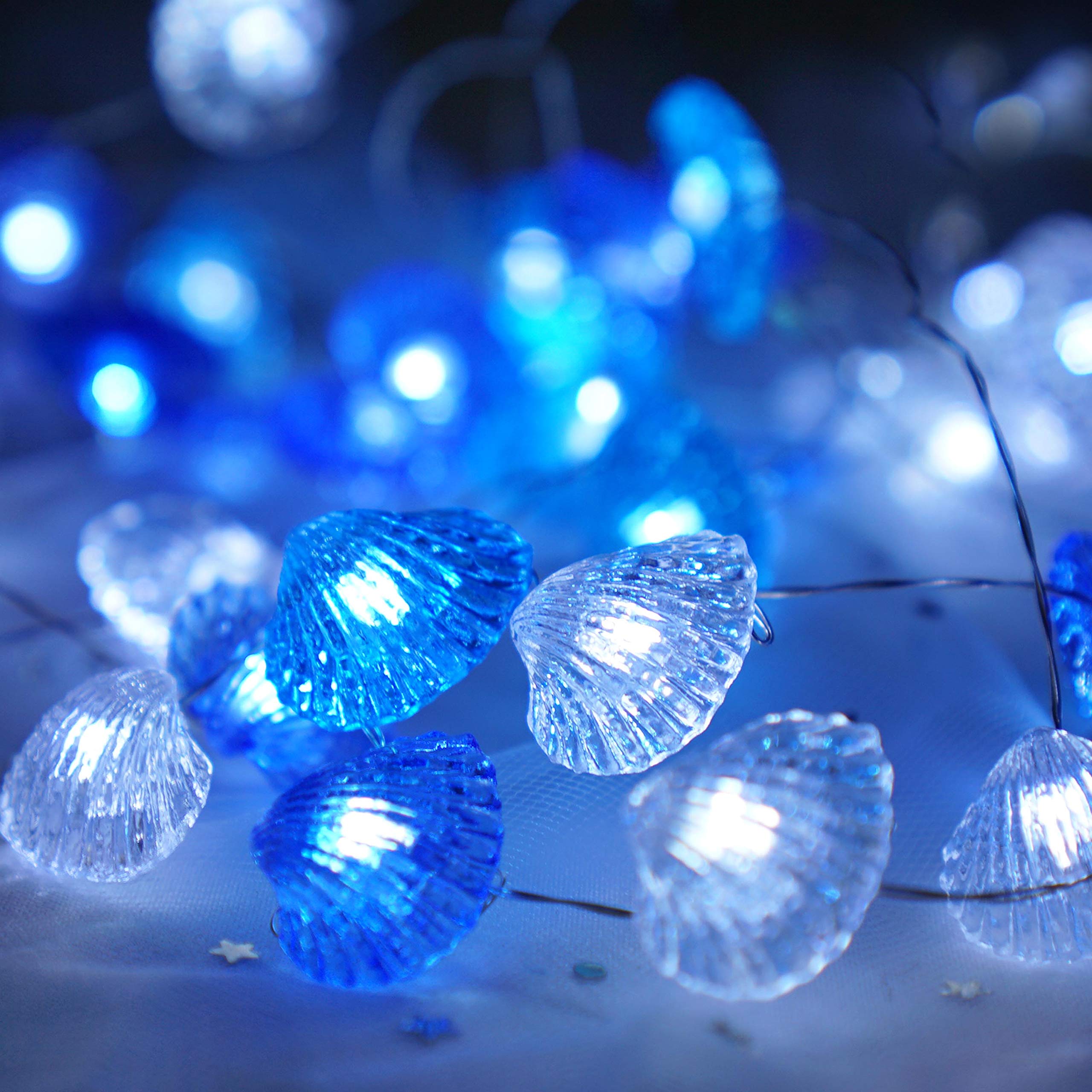 Cynzia Seashells String Lights, 40LED Waterproof Fairy Lights, USB, Remote Control, Ocean Blue, Model C-66
