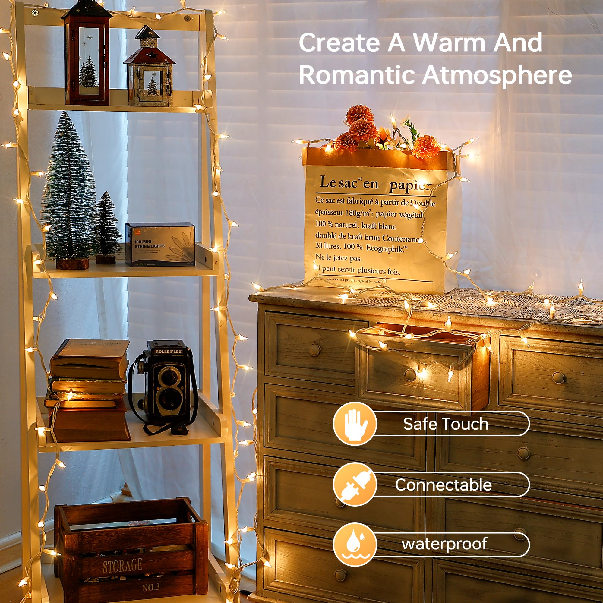 Oopswow 100 Count Clear Christmas Lights White Wire,23Feet Incandescent Clear Mini Lights,Connectable Indoor Outdoor Christmas Tree String Lights,Birthday,Holiday,Party,Wedding,Xmas,Warm White